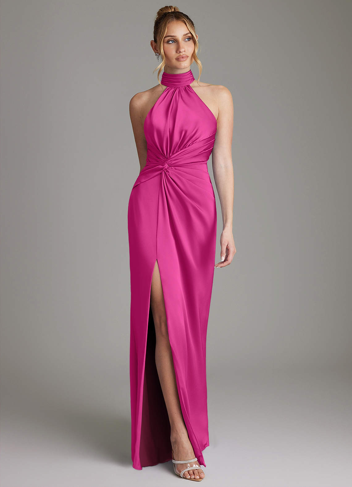 Gracelynn Sheath Halter Stretch Satin Bridesmaid Dress in Fuchsia