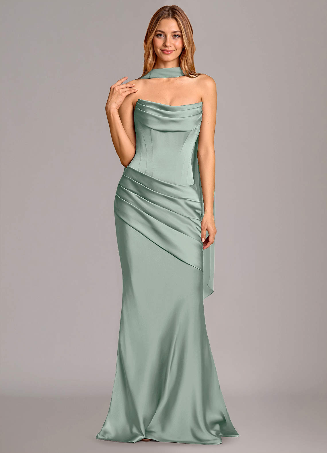 Pelagia Mermaid Cowl-Neck Stretch Satin Bridesmaid Dress in Agave