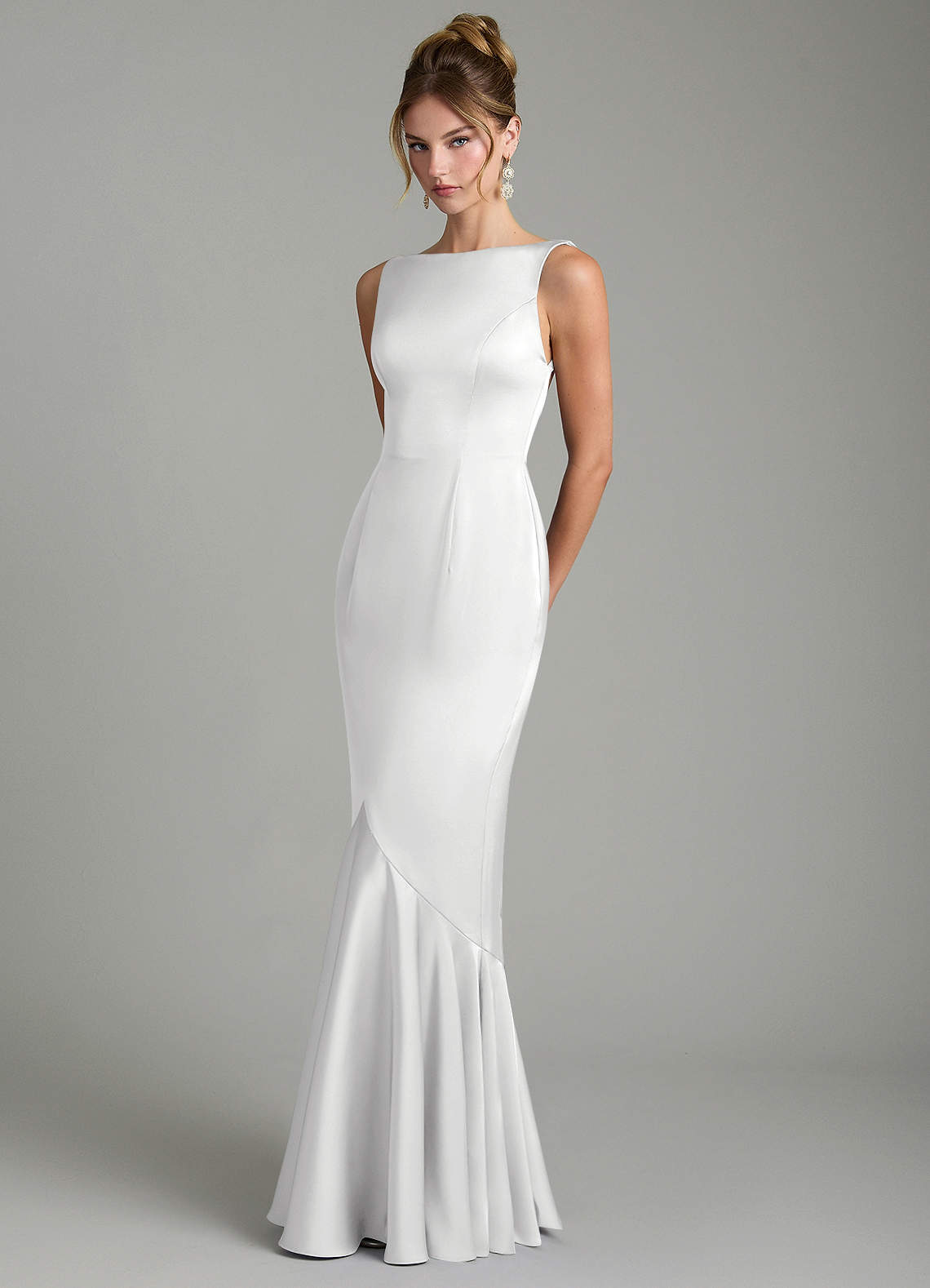 Tamera Mermaid Boat-Neck Stretch Satin and Chiffon Bridesmaid Dress in white