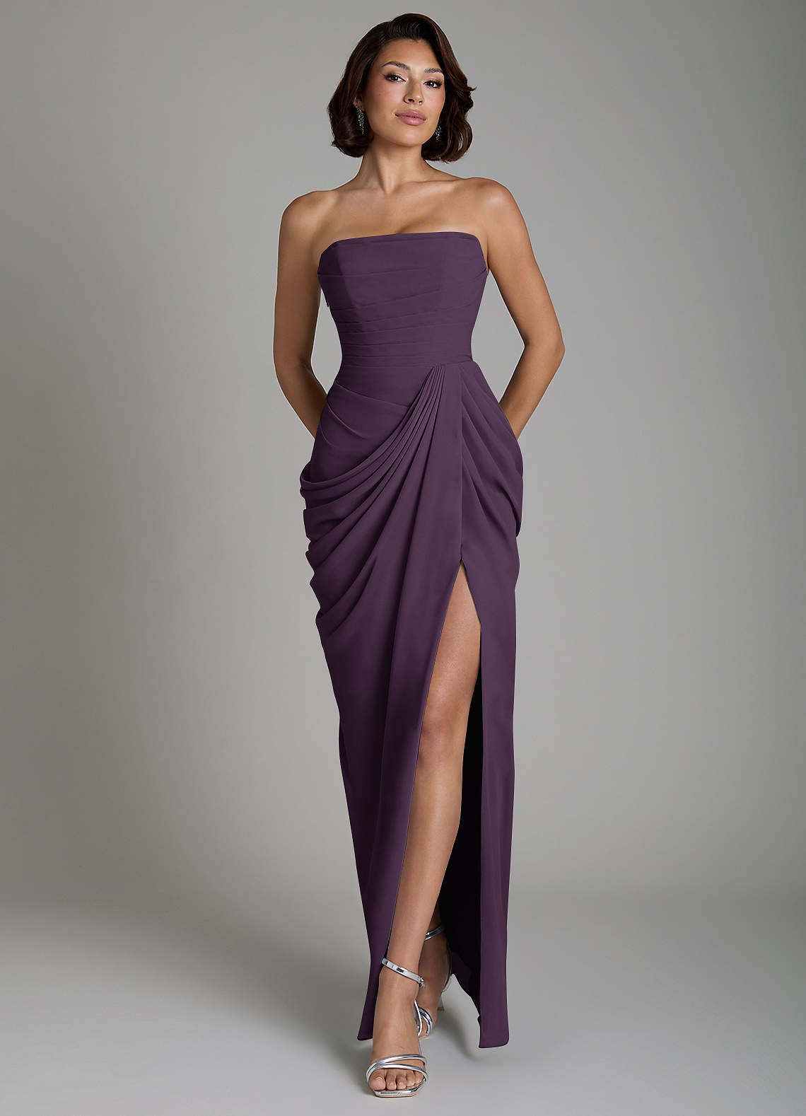 Nyra Sheath Strapless Chiffon Bridesmaid Dress in Plum