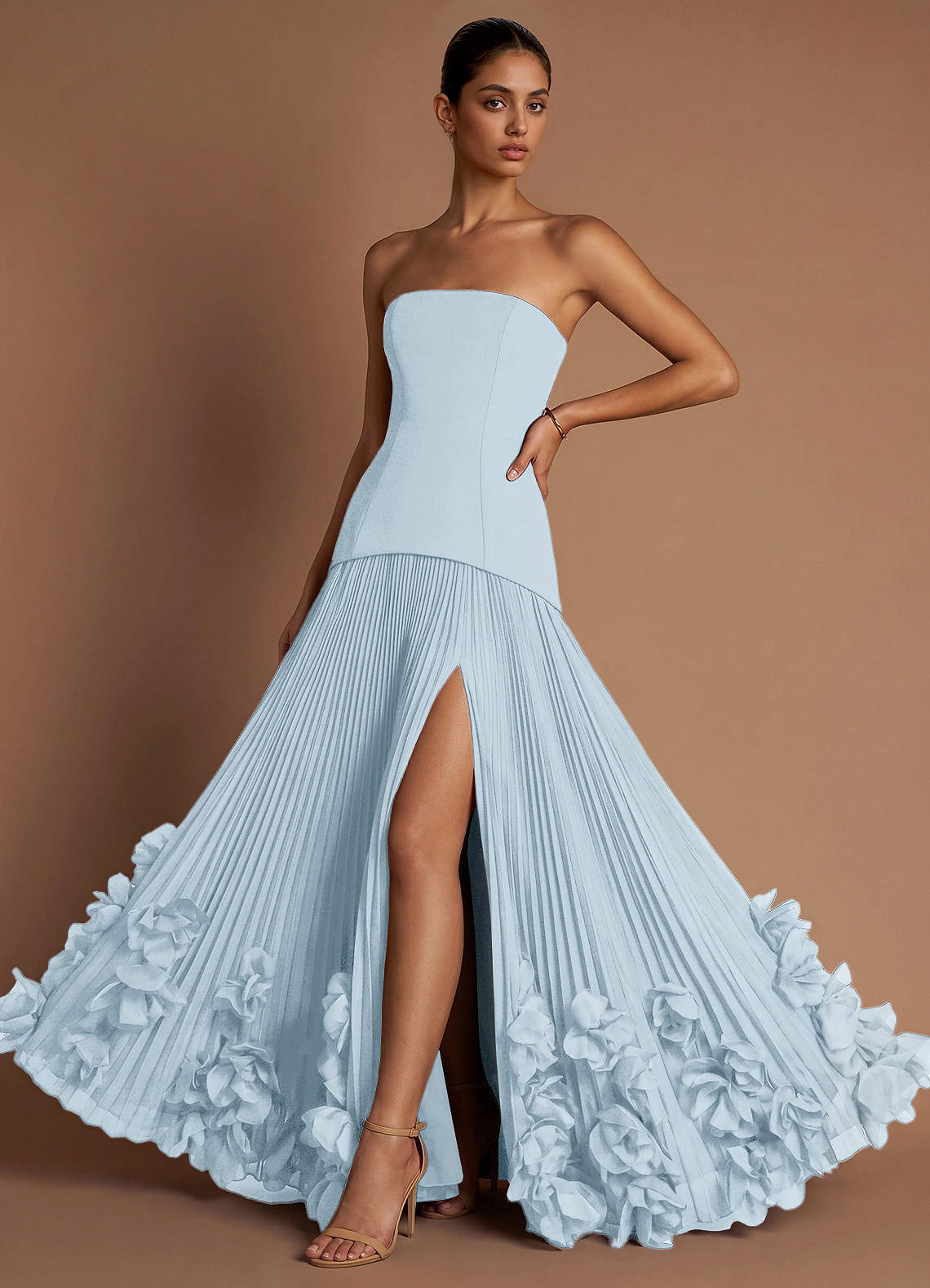 Marnie A-Line Corset Crepe Chiffon Evening Dress in Light Blue