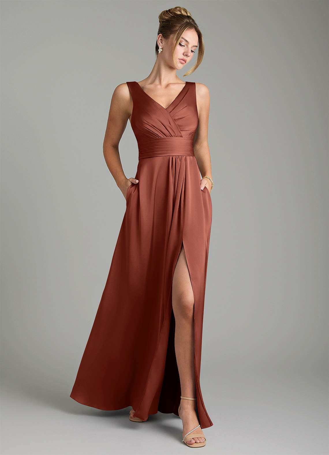 Karina A-Line V-Neck Stretch Satin Bridesmaid Dress in Auburn