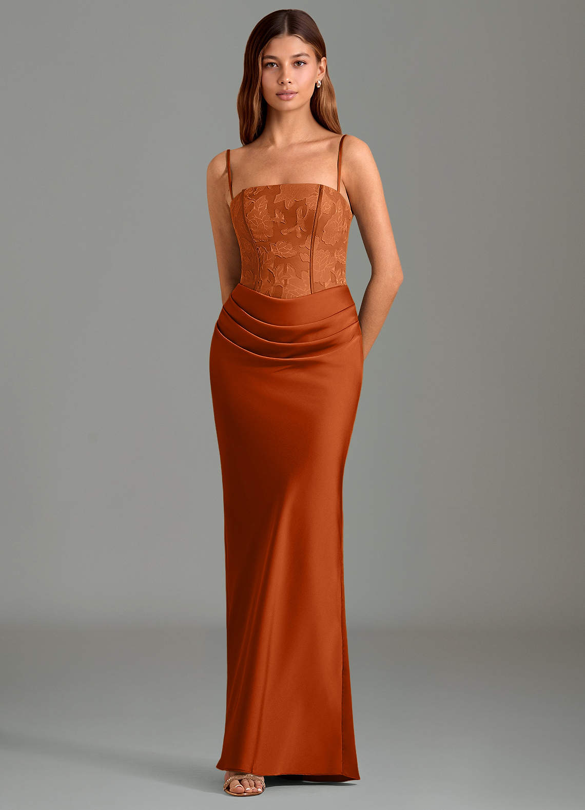 Emilia Mermaid Strapless Stretch Satin and Floral Burnout Bridesmaid Dress in Burnt Orange