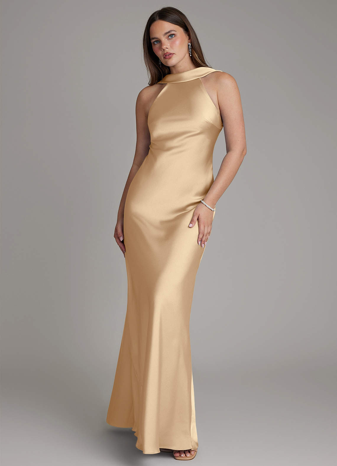Dimitra Sheath Halter Stretch Satin Bridesmaid Dress in Champagne