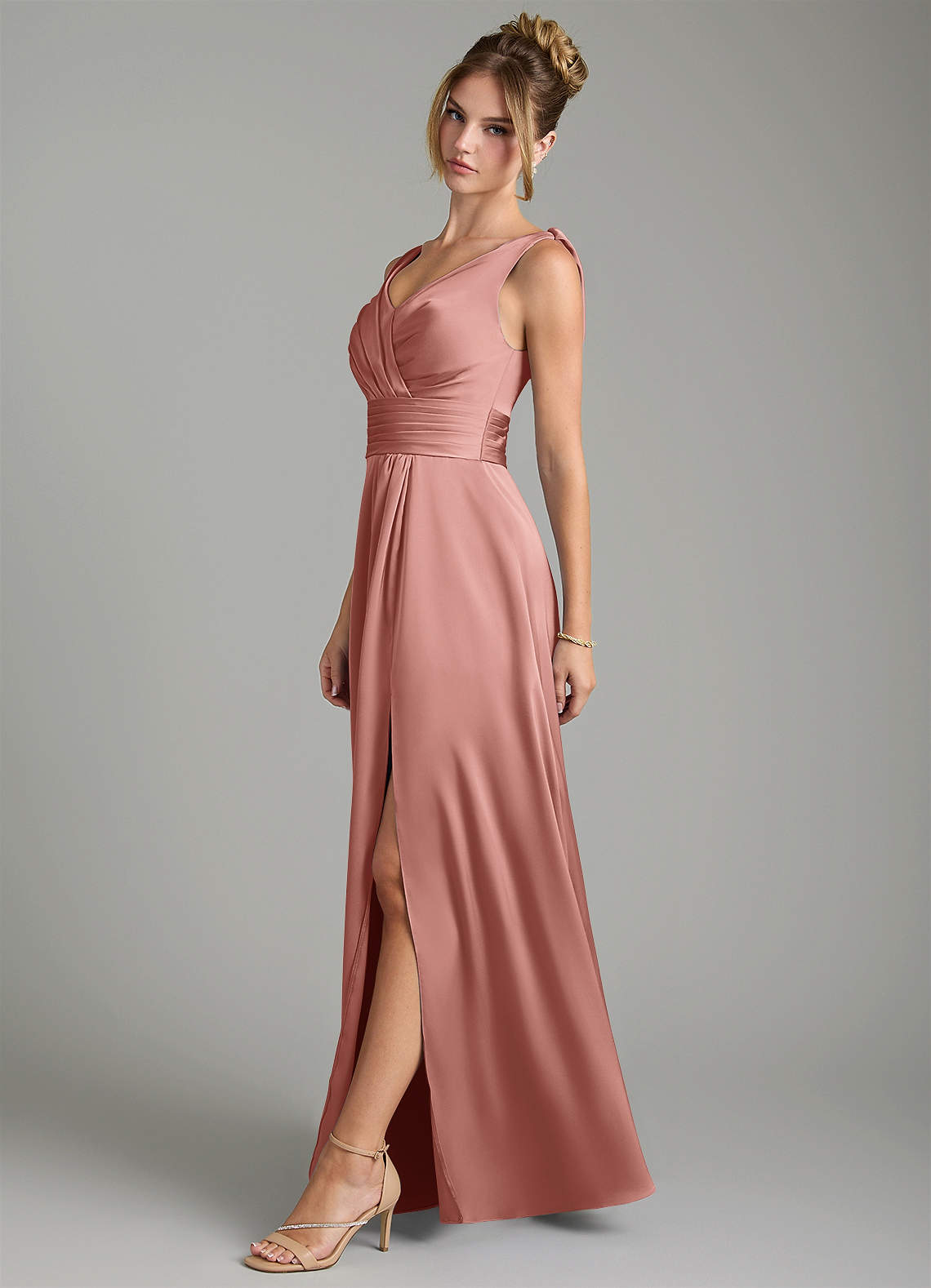 Karina A-Line V-Neck Stretch Satin Bridesmaid Dress in Rosette