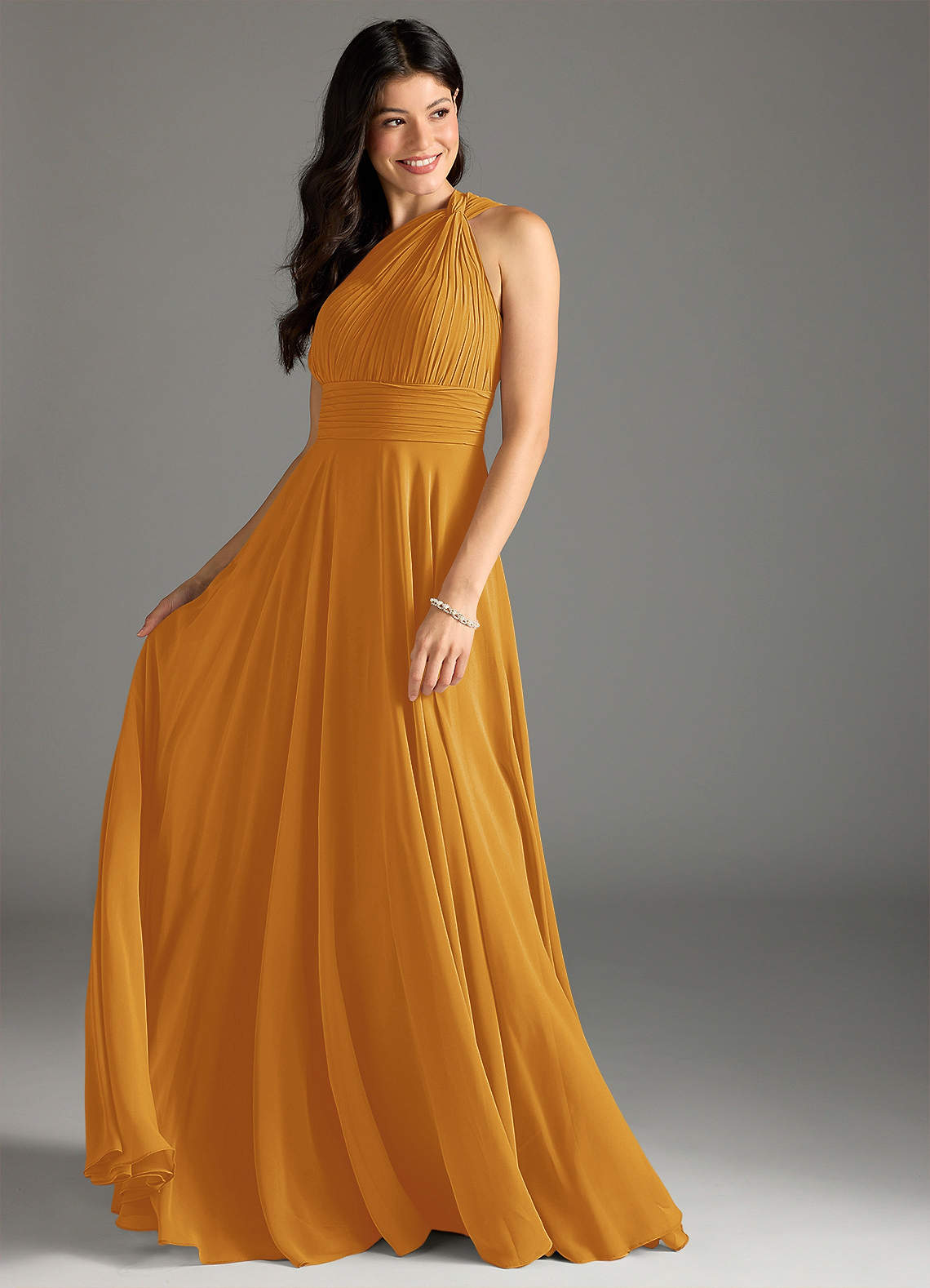 Charlize A-Line One-Shoulder Chiffon Bridesmaid Dress in butterscotch