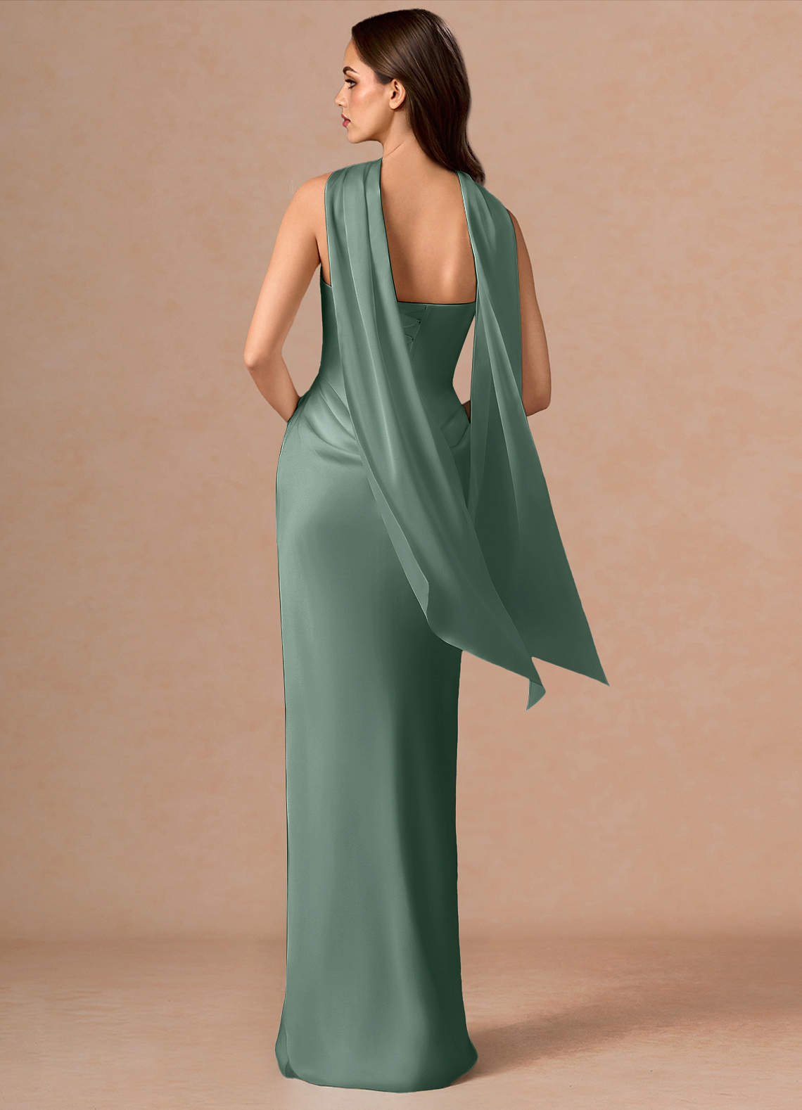 Valencia Scarf Lace-Up Stretch Satin Evening Dress in eucalyptus