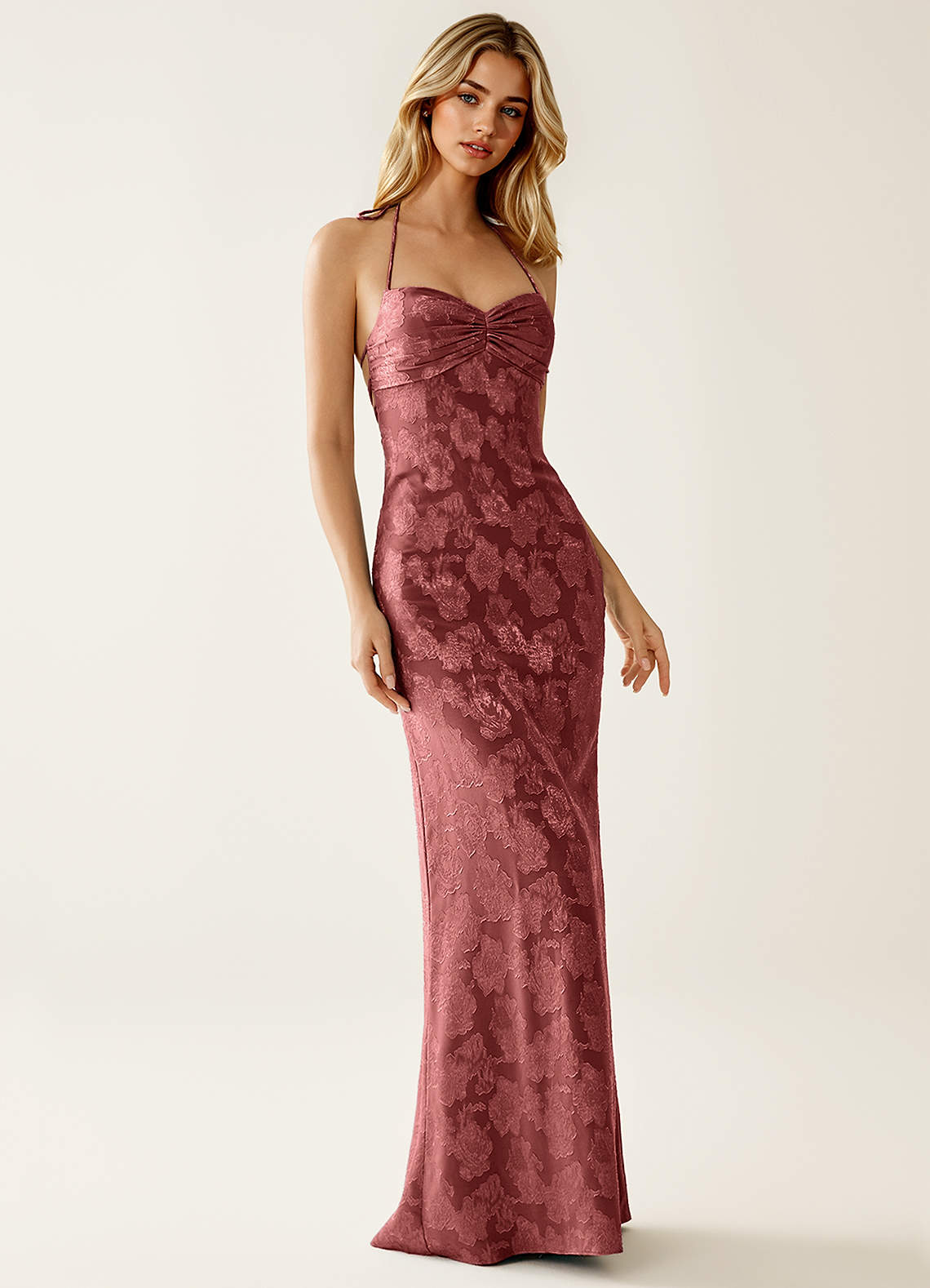 Angena Sheath Halter Floral Burnout Evening Dress in Lemon Sorbet