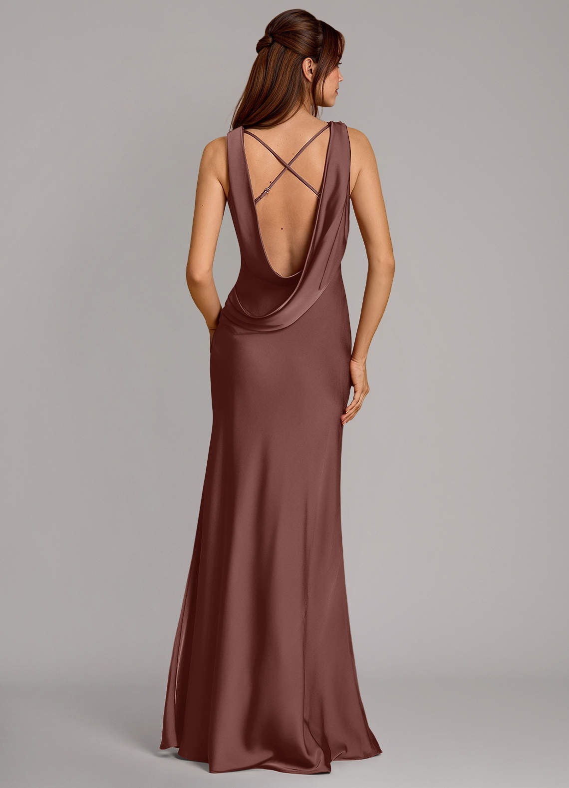 Cheryl Mermaid Cowl-Neck Stretch Satin Bridesmaid Dress in Espresso