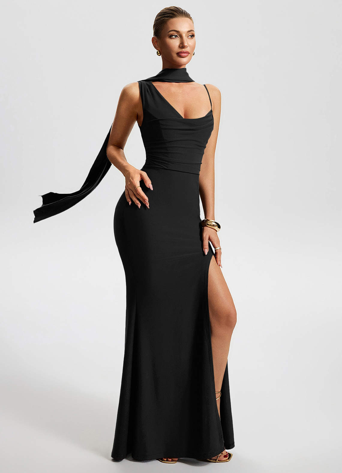 Freya Mermaid Cowl-Neck Stretch Jersey Evening Dress in Black