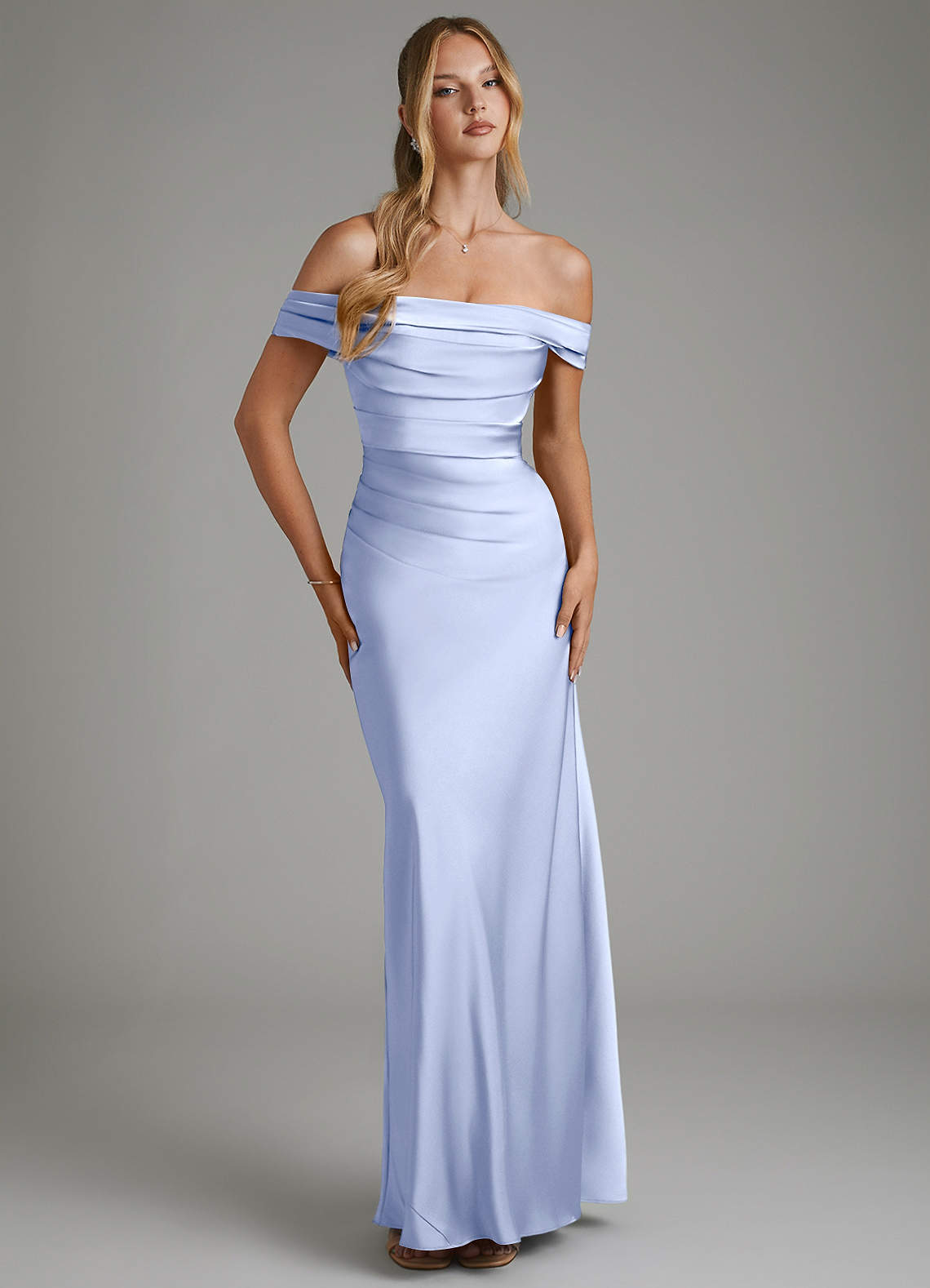 Hayden Mermaid Off-the-Shoulder Stretch Satin Bridesmaid Dress in Ice