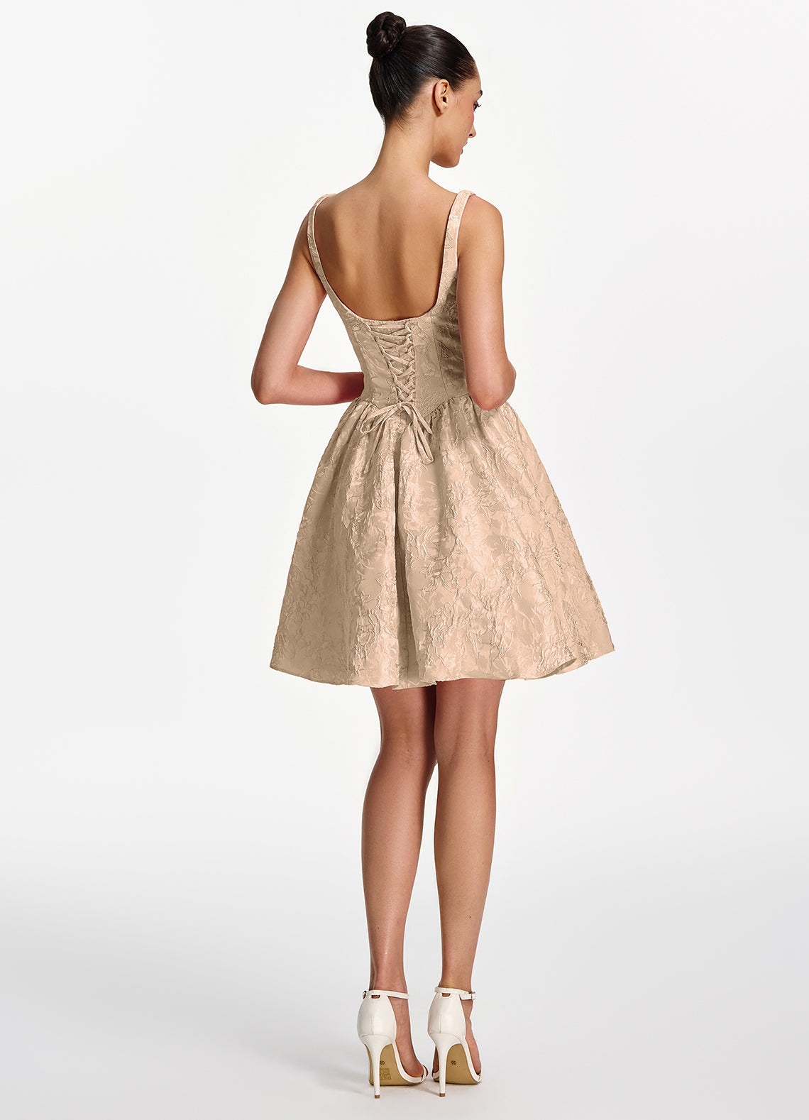 Lionelle Skater Mini Square-Neck Jacquard Prom Dress in Champagne - photo 6