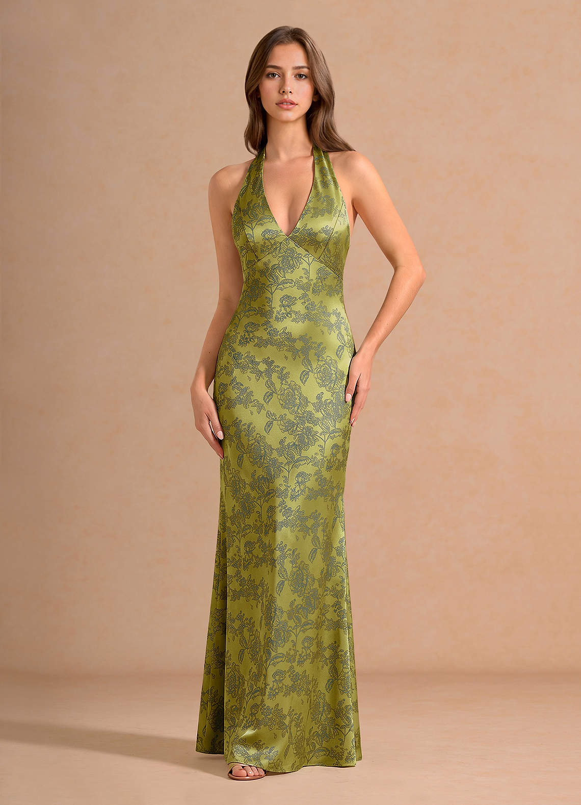 Ottoline Plunging V-Neck Open-Back Jacquard Evening Dress in Moss Navy