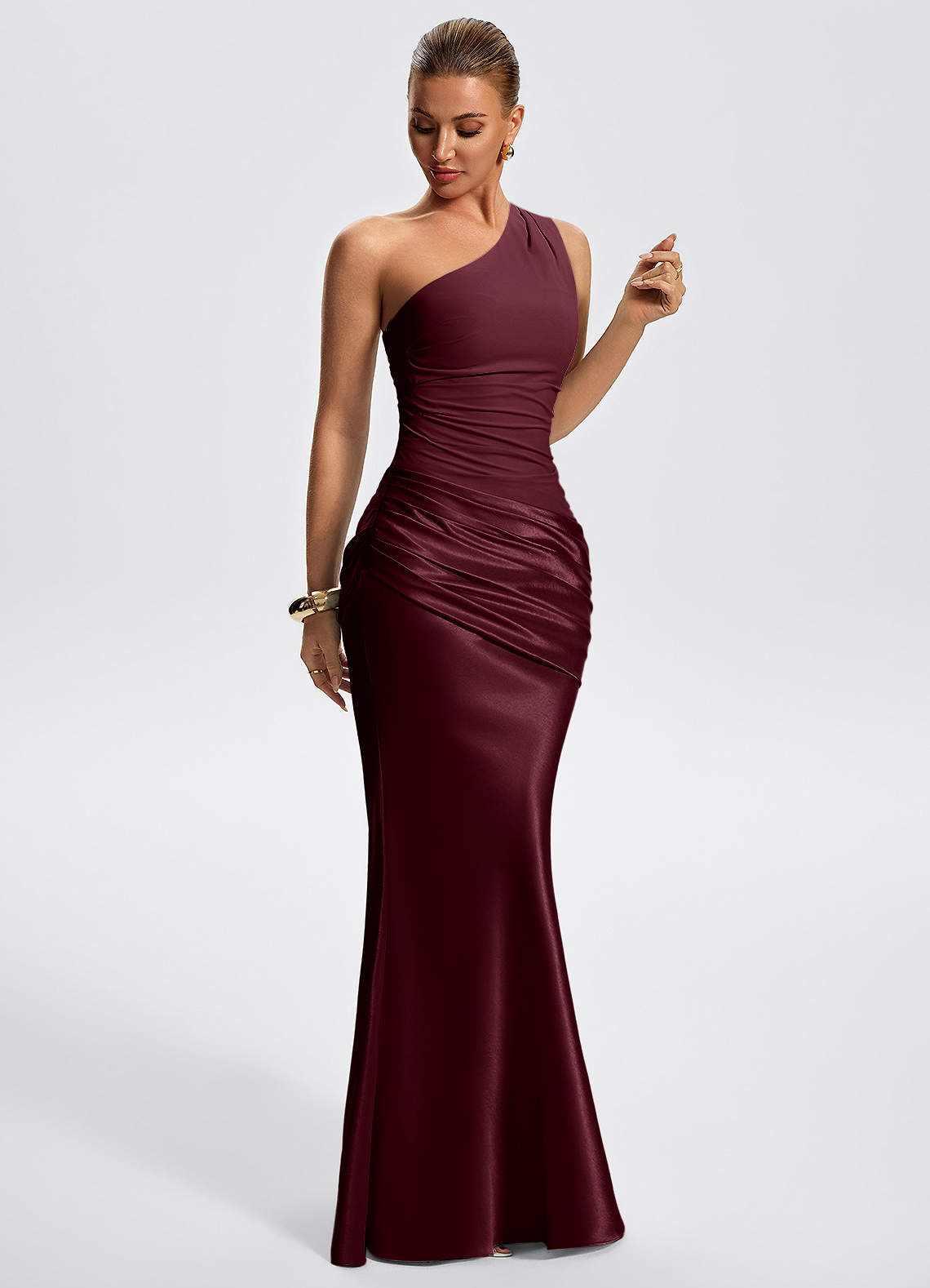 Willowyn Mermaid One-Shoulder Satin Evening Dress in Cabernet
