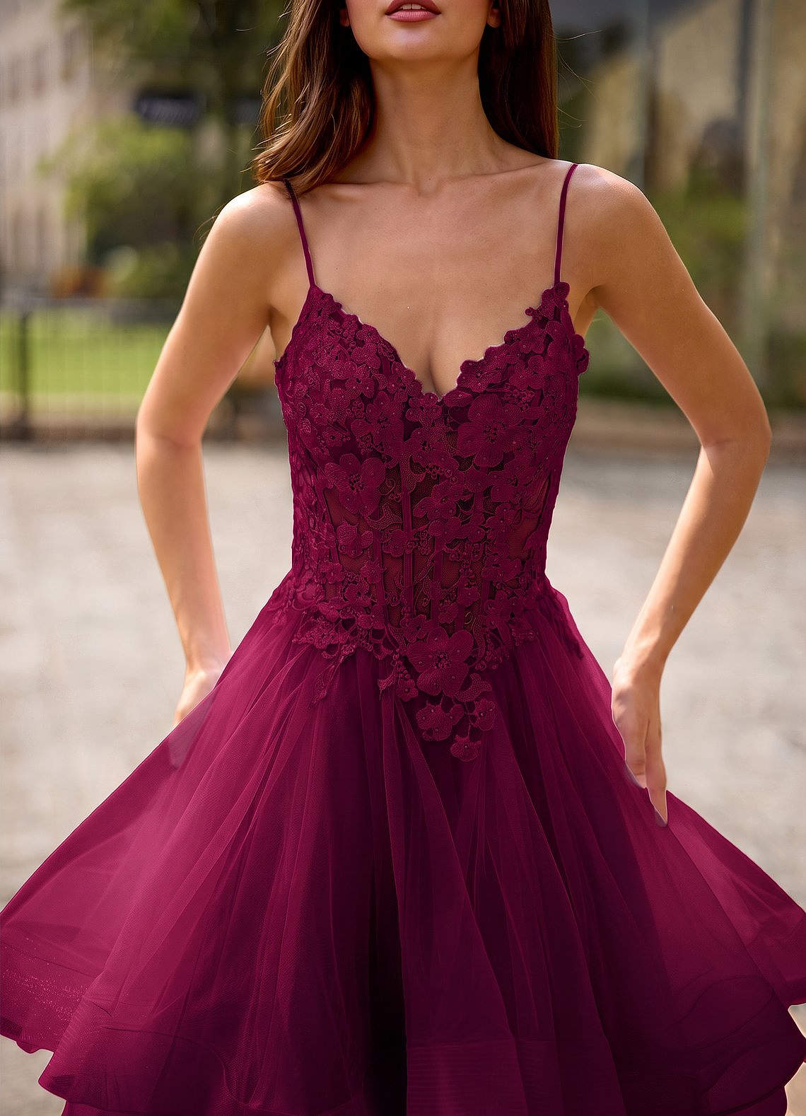 Spitze Ball Gown Sweetheart Lace Tulle Evening Dress in Burgundy