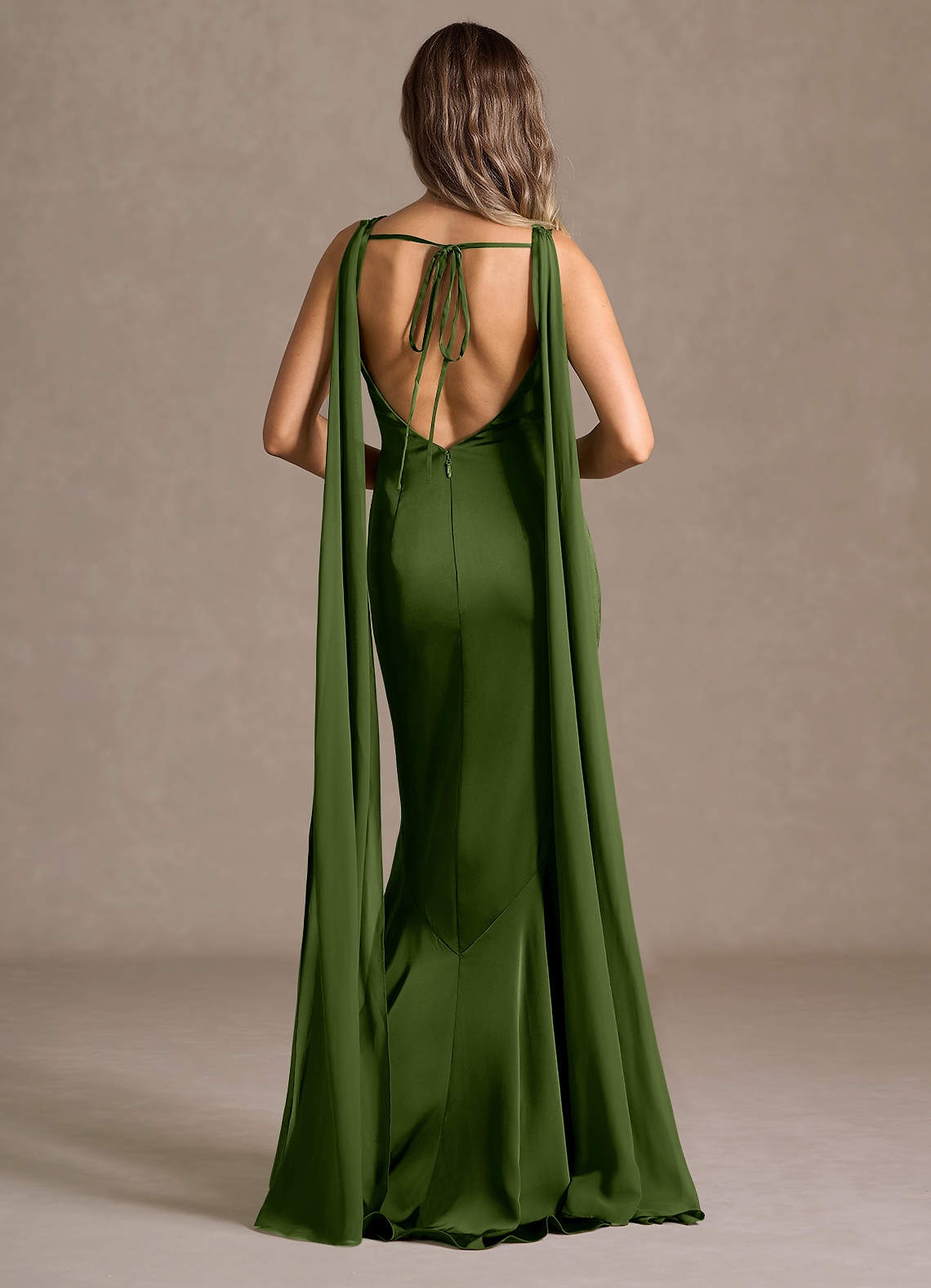 Wynne Mermaid Shoulder-Scarf Stretch Satin Evening Dress in Olive