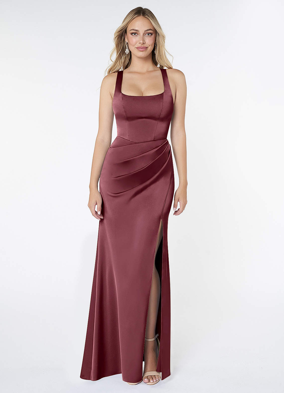 Mero Mermaid Square-Neck Stretch Satin Bridesmaid Dress in Desert Rose