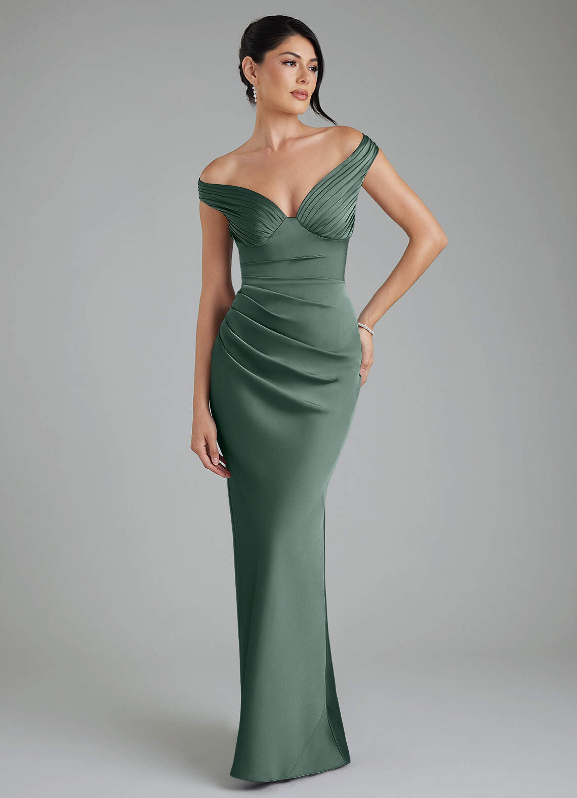 Stella Sheath V-Neck Stretch Satin Bridesmaid Dress in Sea Moss
