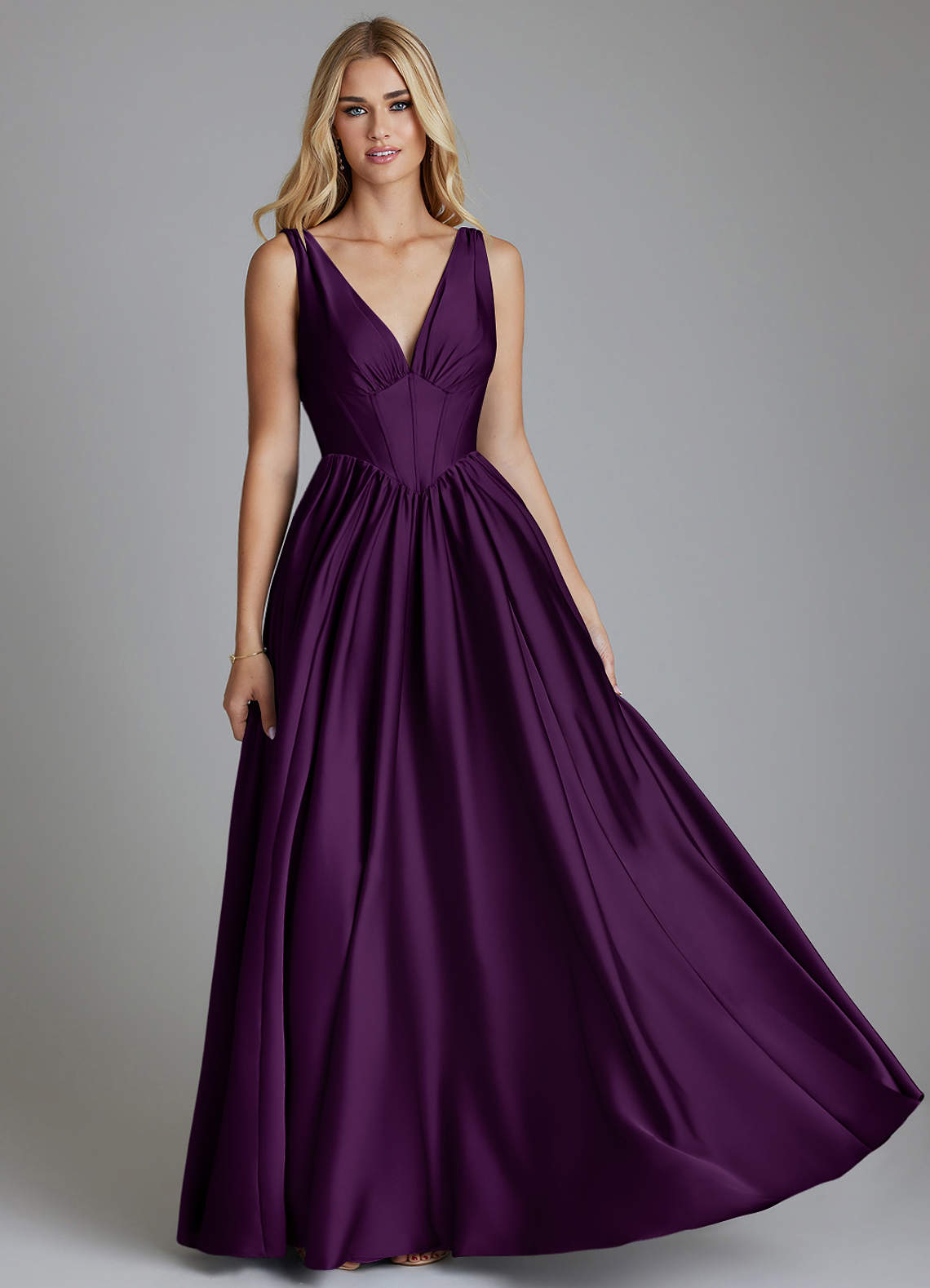 Delmie A-Line V-Neck Stretch Satin Bridesmaid Dress in Grape