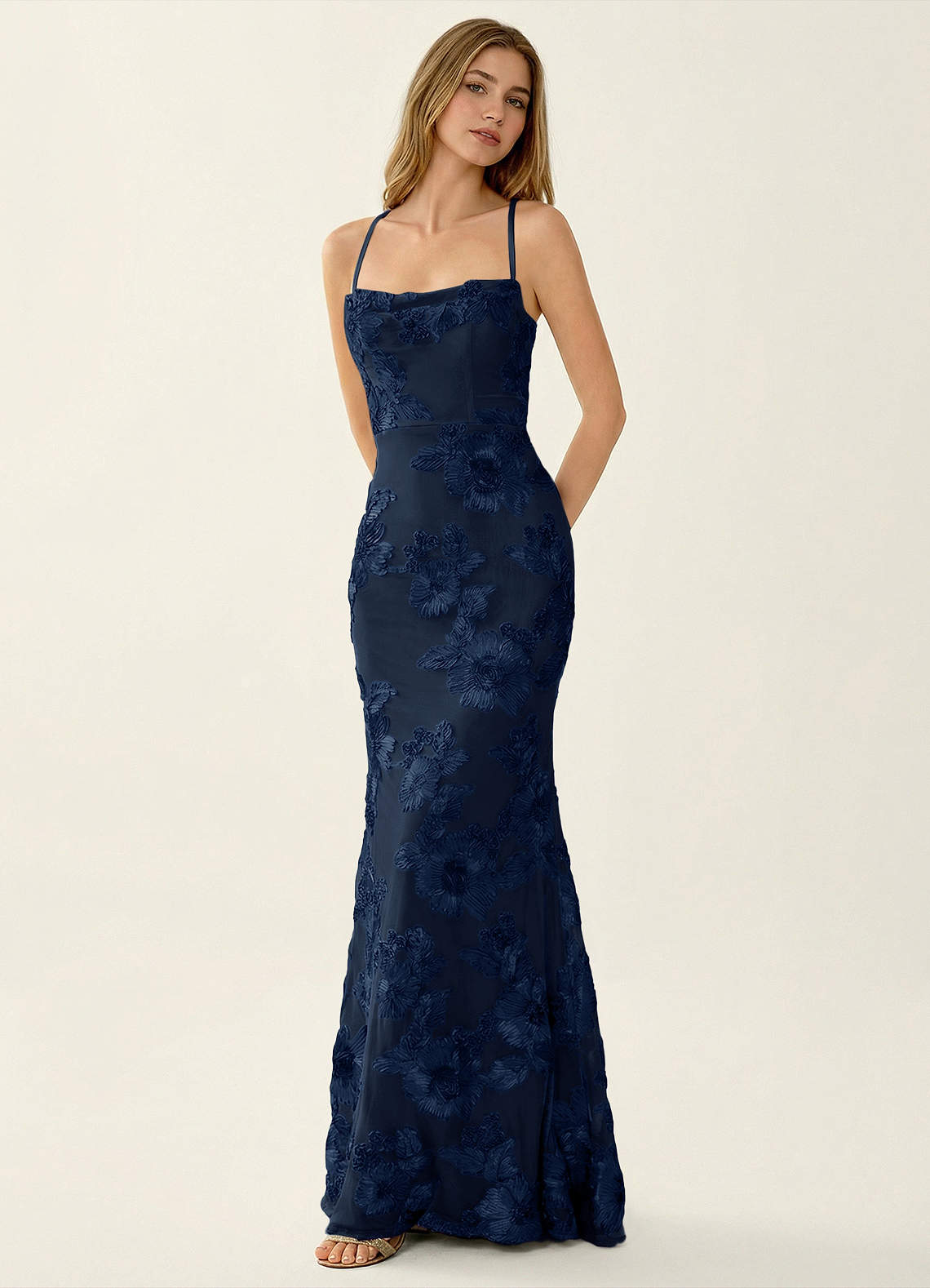 Kailani Mermaid Spaghetti-Strap Lace Evening Dress in Navy Blue