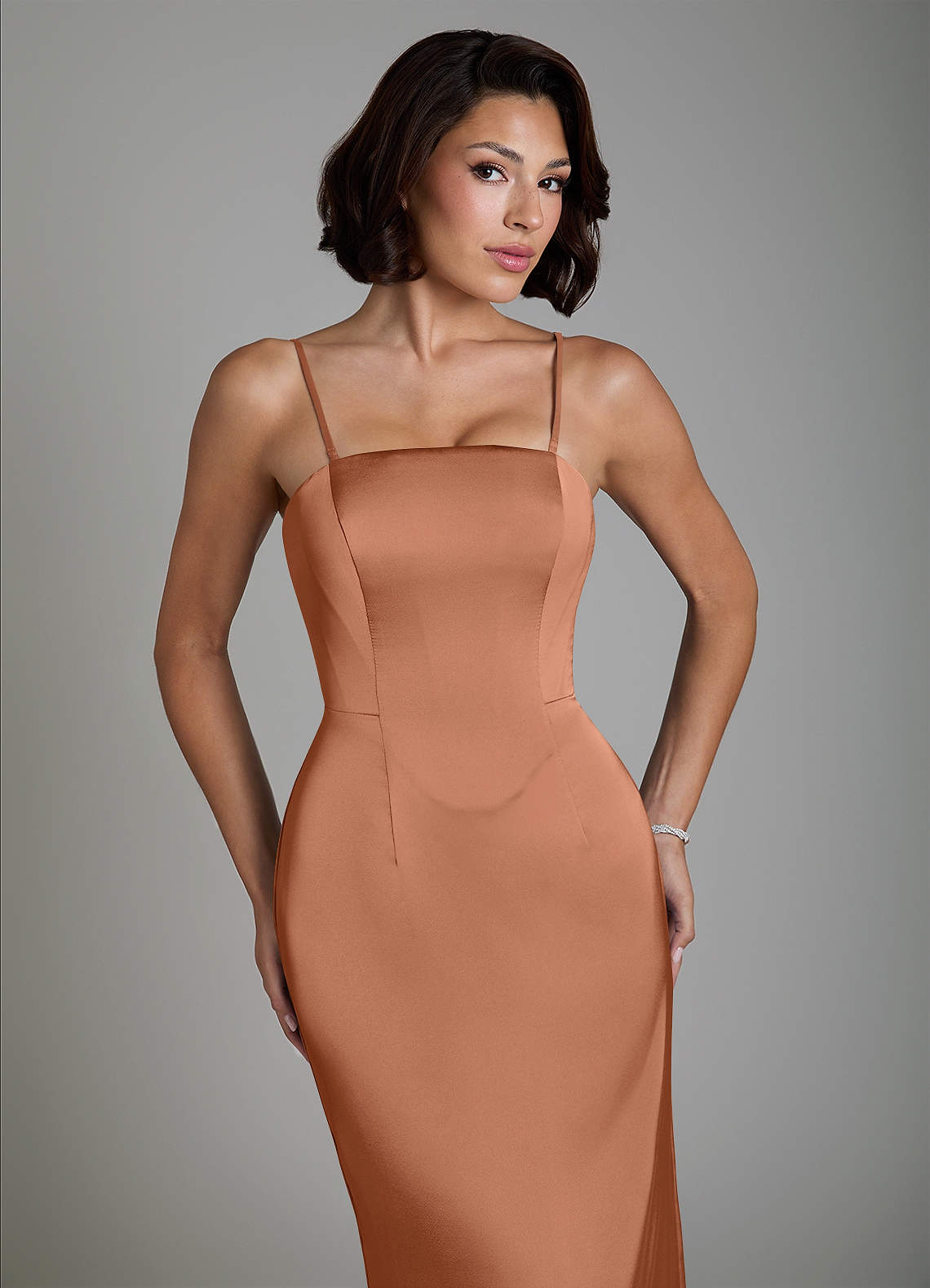 Fallyn Sheath Strapless Stretch Satin Bridesmaid Dress in Bronzer