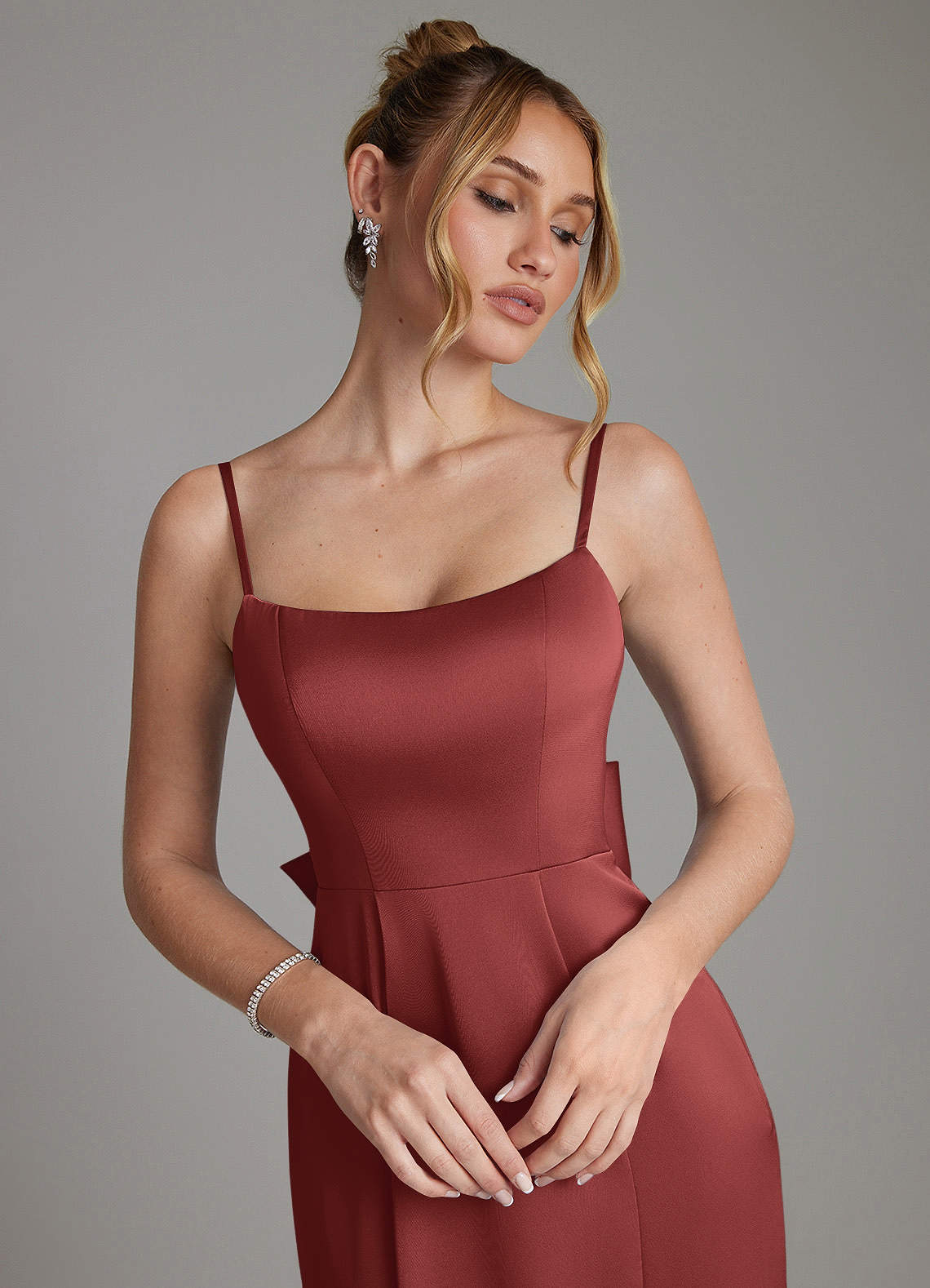 Zherra Mermaid Scoop-Neck Stretch Satin Bridesmaid Dress in Terracotta