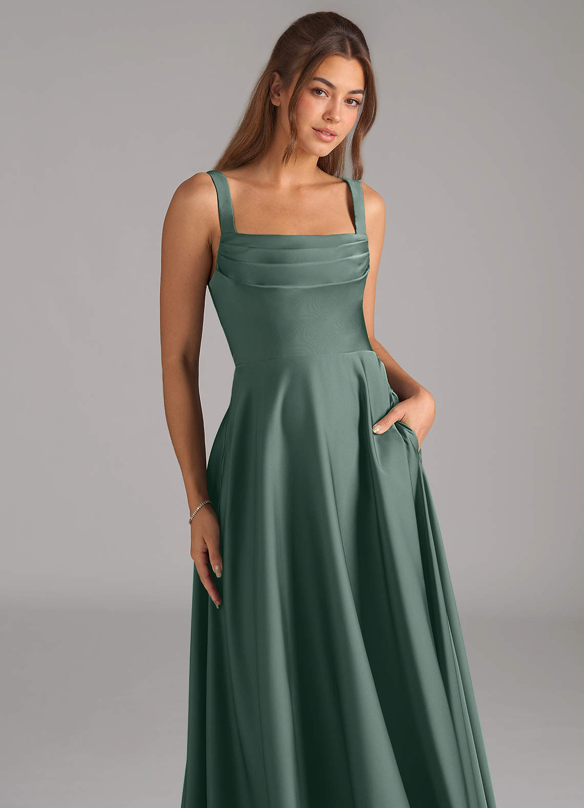 Shaude A-Line Square-Neck Stretch Satin Bridesmaid Dress in Sea Moss