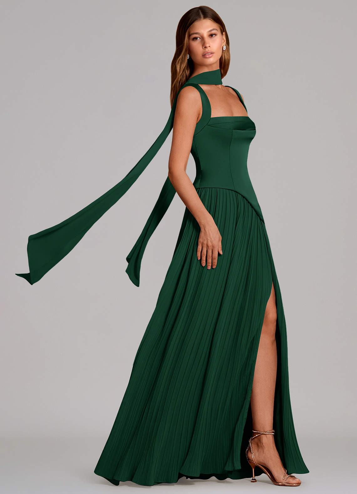 Stephanie A-Line Square-Neck Stretch Satin and Chiffon Bridesmaid Dress in Dark Green