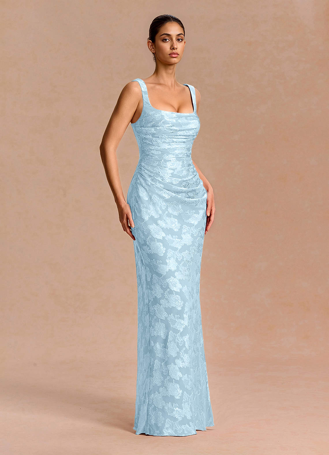 Agustina Square-Neck Pleated Fil Coupé Evening Dress in Lemon Sorbet