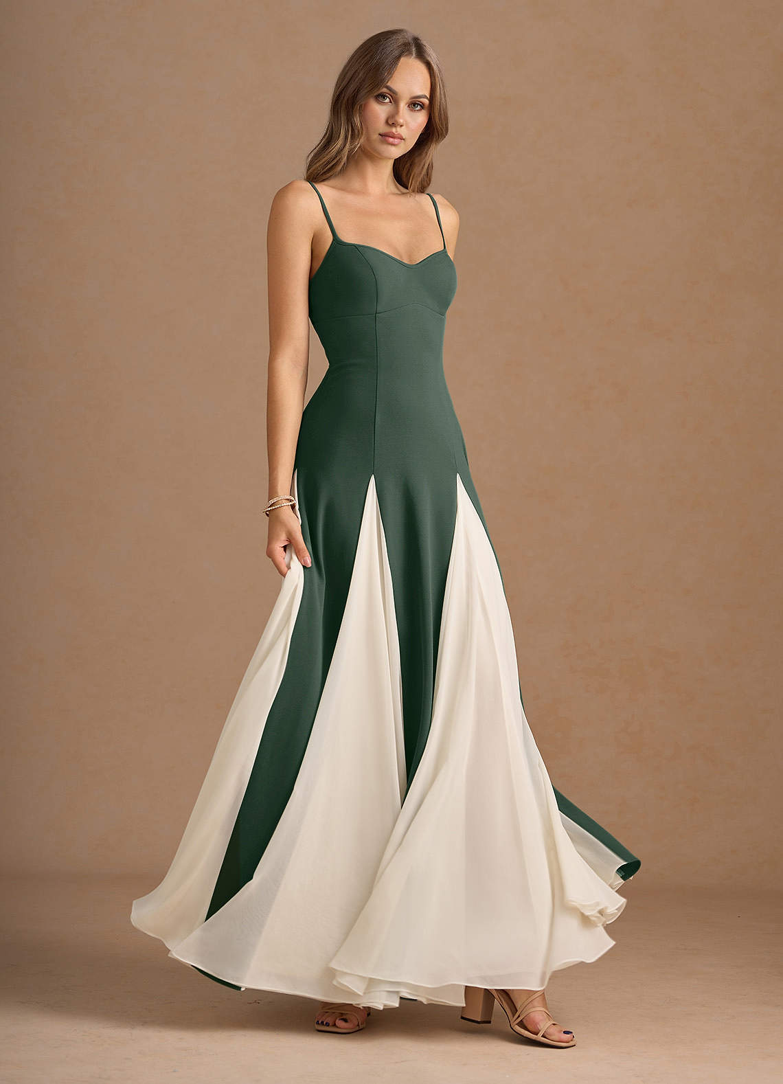 Jessenia A-Line Color-Block Crepe Chiffon Wedding Guest Dress in Eucalyptus