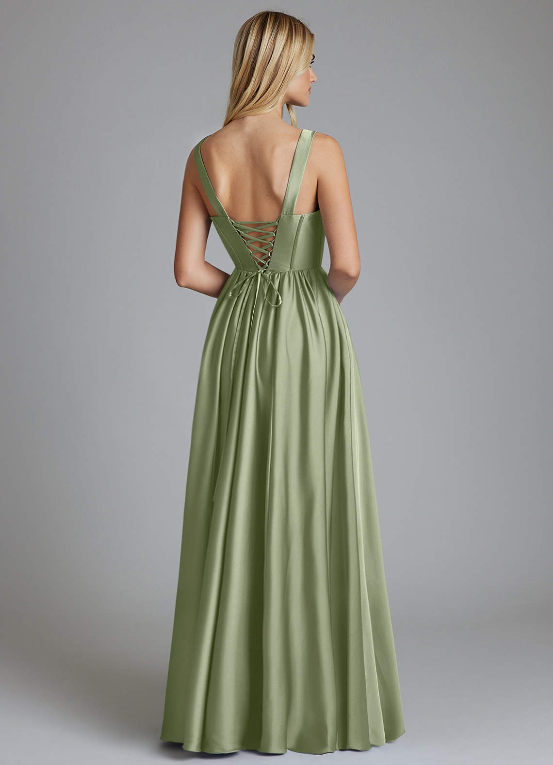 Delmie A-Line V-Neck Stretch Satin Bridesmaid Dress in Pistachio