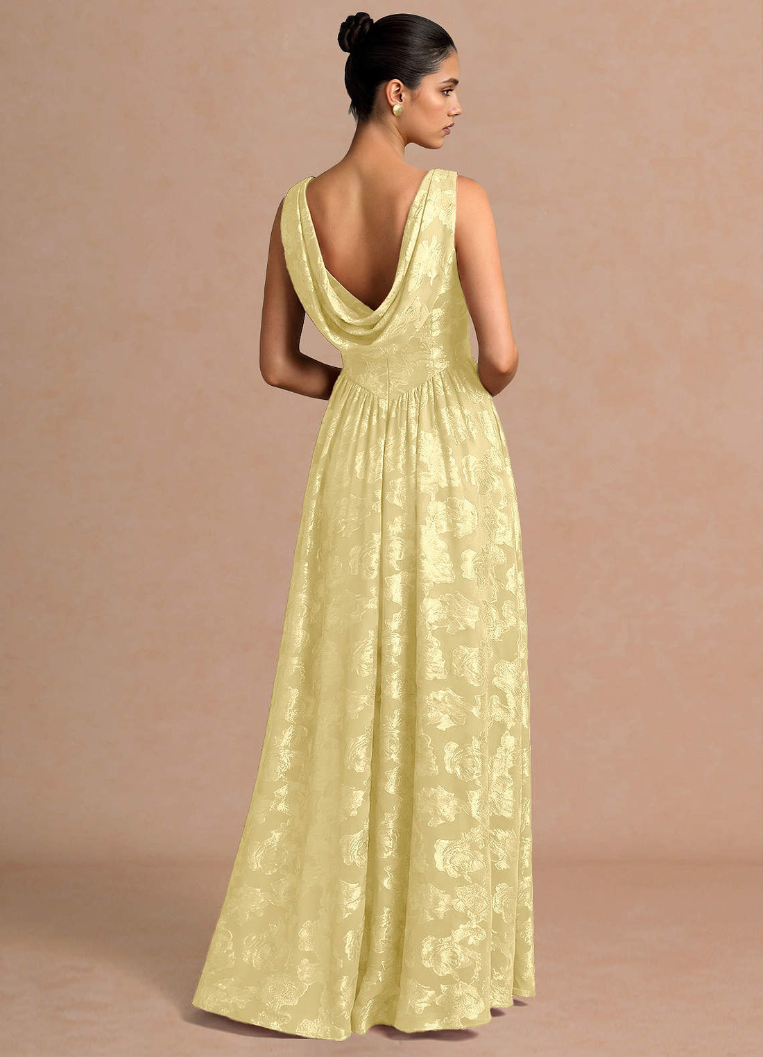 Novi A-Line Draped-Neck Floral Fil Coupé Evening Dress in Lemon Sorbet