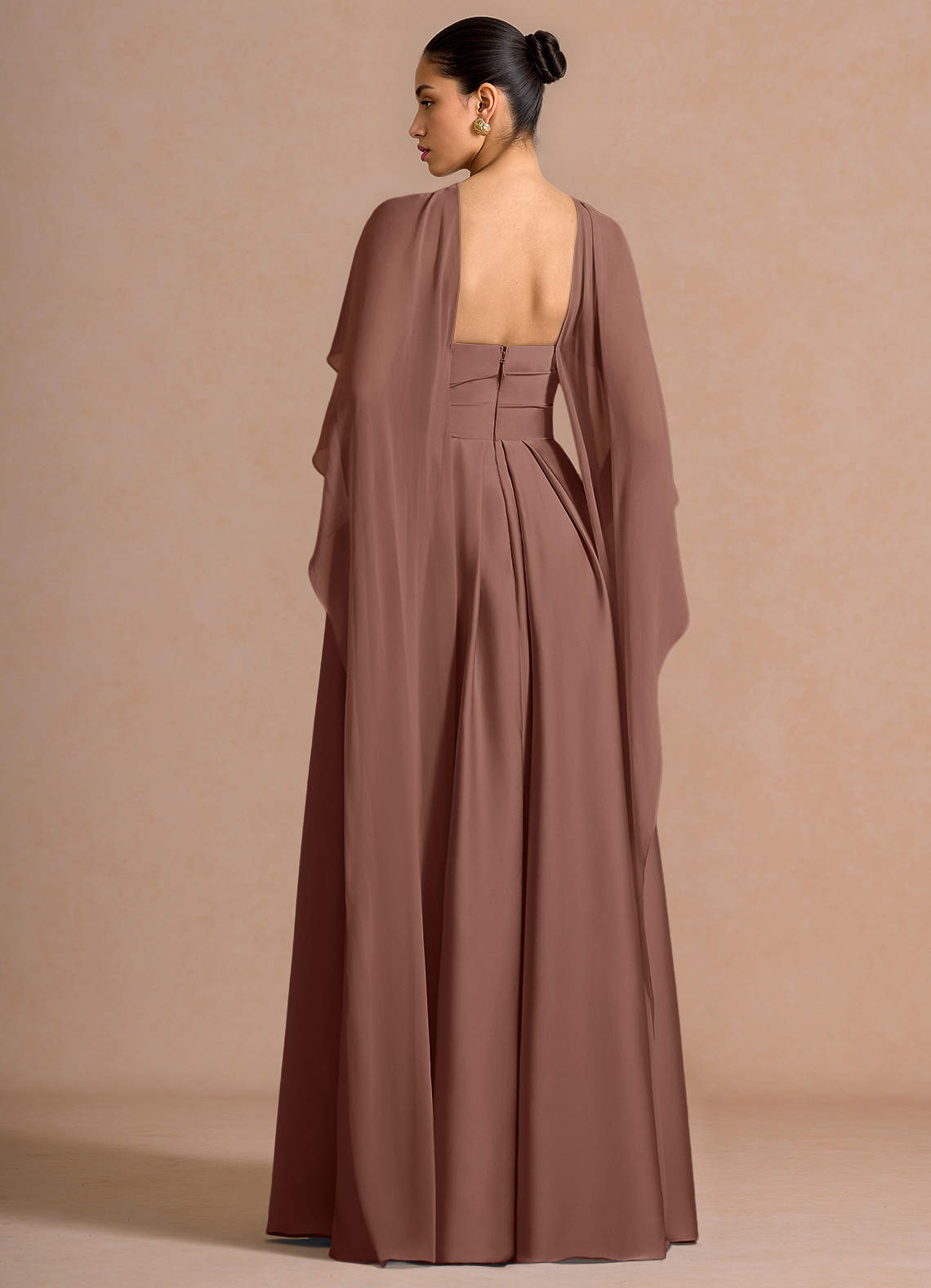 Nancy A-Line V-Neck Stretch Satin and Chiffon Evening Dress in Mocha Coco
