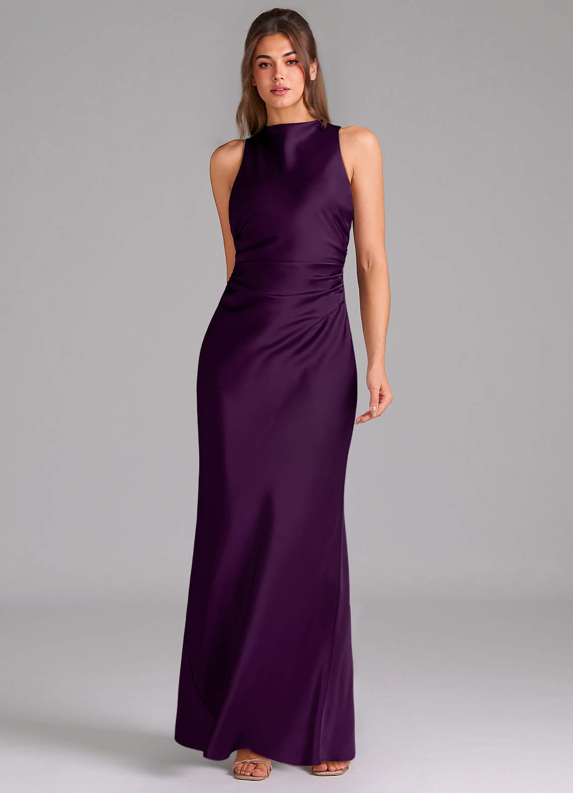Evadne Sheath Scoop-Neck Stretch Satin Bridesmaid Dress in Grape