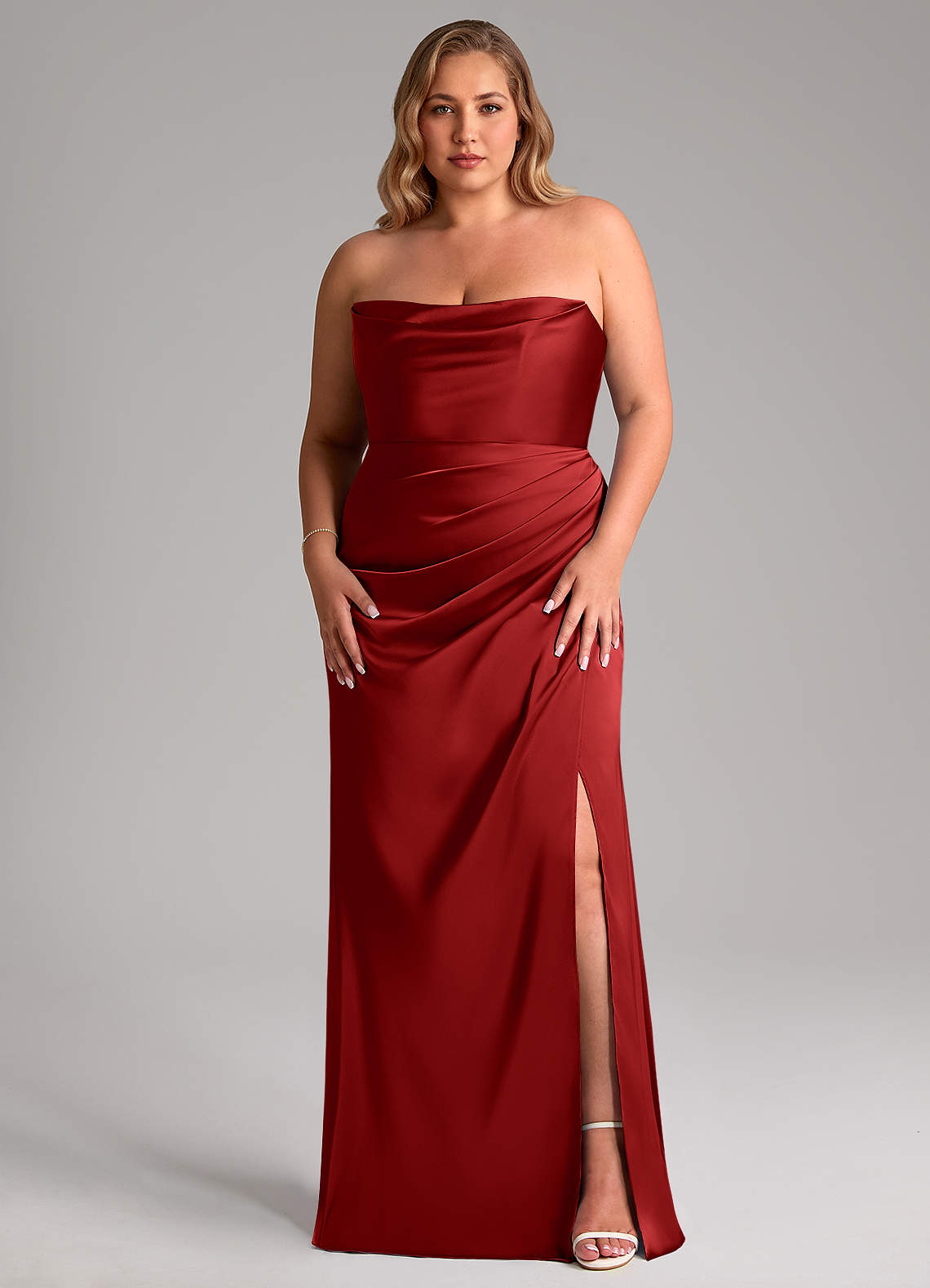 Leonis Mermaid Cowl-Neck Stretch Satin Bridesmaid Dress in Pomegranate