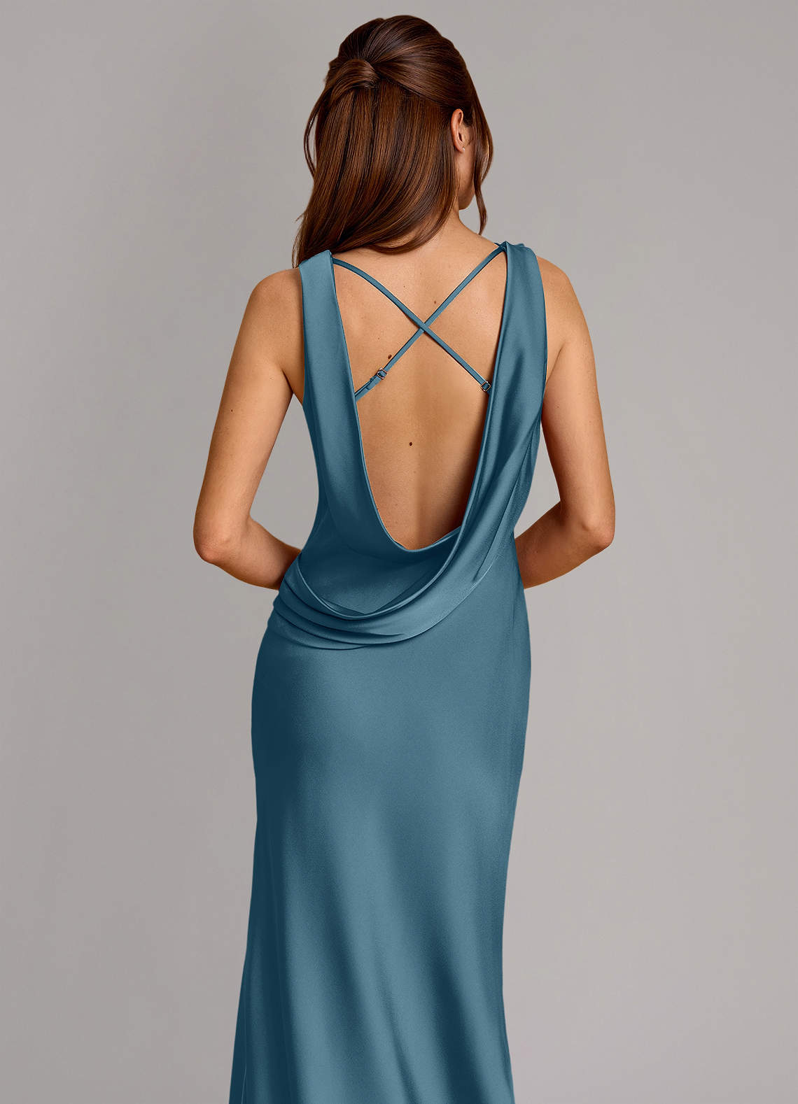 Cheryl Mermaid Cowl-Neck Stretch Satin Bridesmaid Dress in Bermuda
