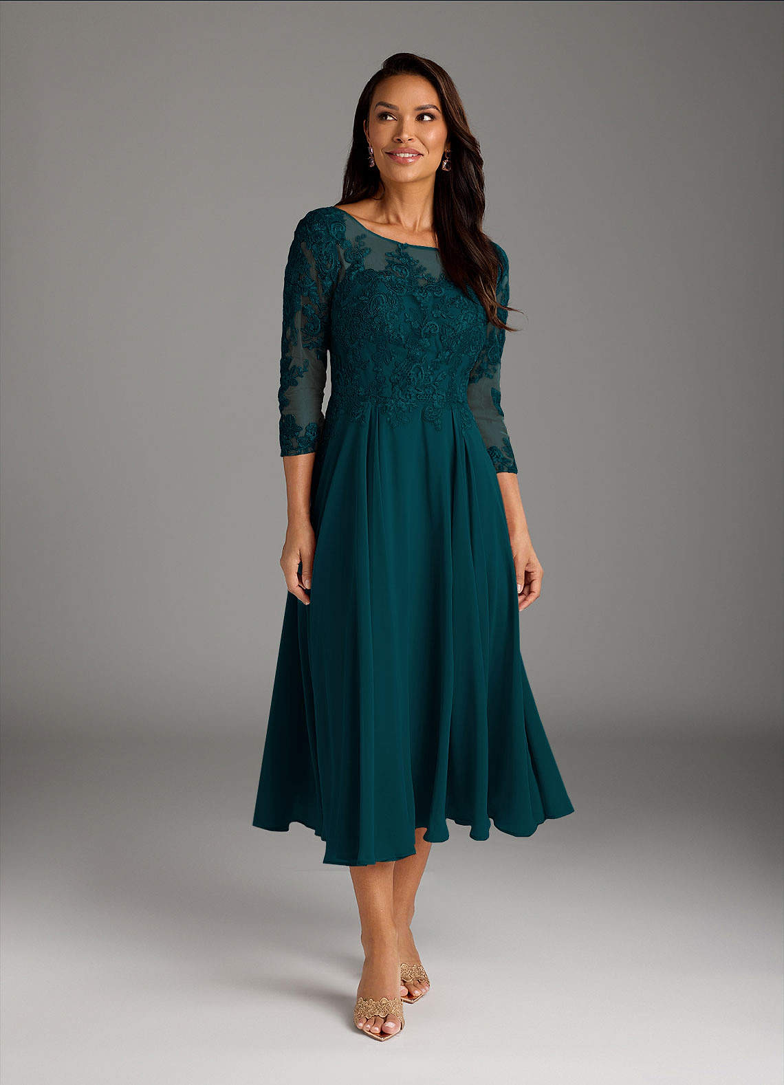 Marge A-Line Scoop-Neck Chiffon and Lace Mother of the Bride Dress in Pine