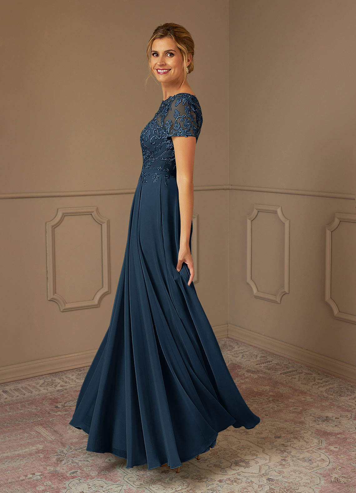 Adina A-Line Boat-Neck Chiffon Mother of the Bride Dress in Dark Navy