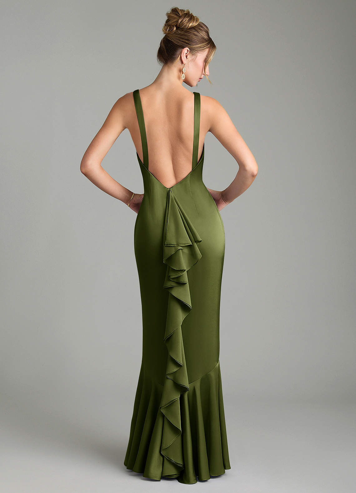 Tamera Mermaid Boat-Neck Stretch Satin and Chiffon Bridesmaid Dress in Olive