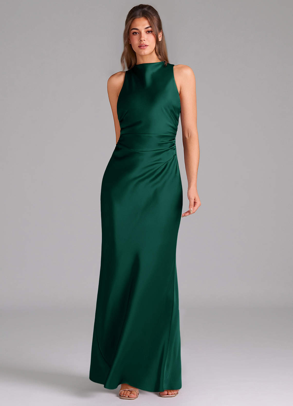Evadne Sheath Scoop-Neck Stretch Satin Bridesmaid Dress in Emerald