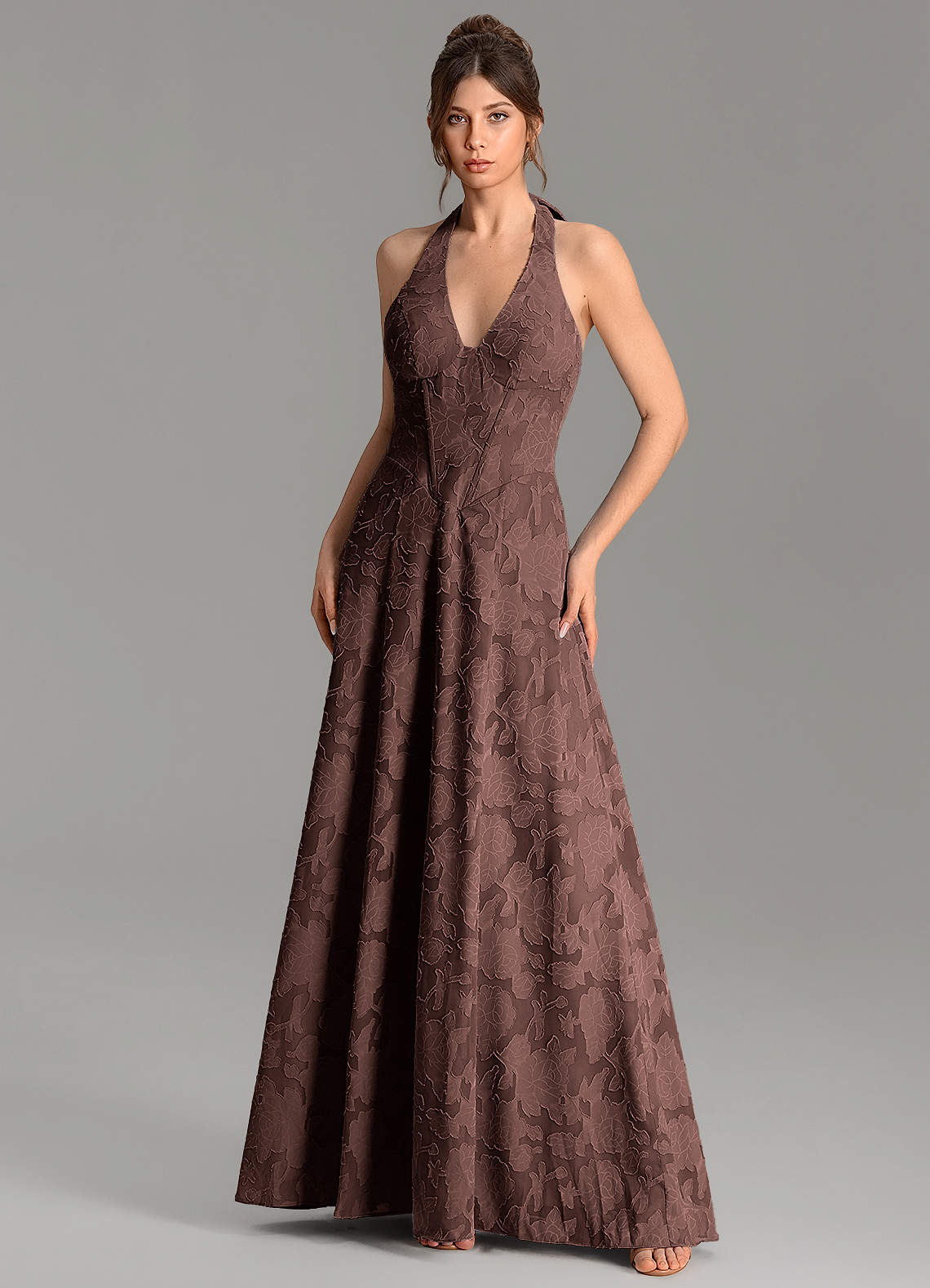 Nia A-Line V-Neck Floral Burnout Bridesmaid Dress in Ganache