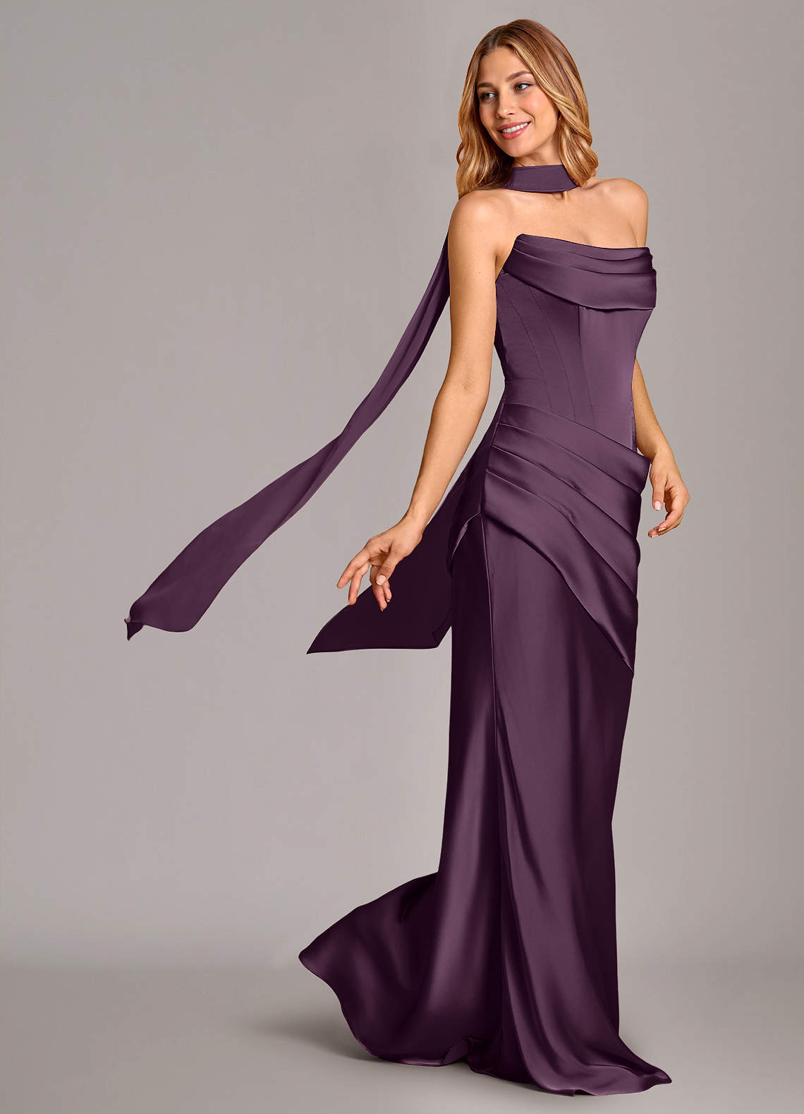 Pelagia Mermaid Cowl-Neck Stretch Satin Bridesmaid Dress in Plum