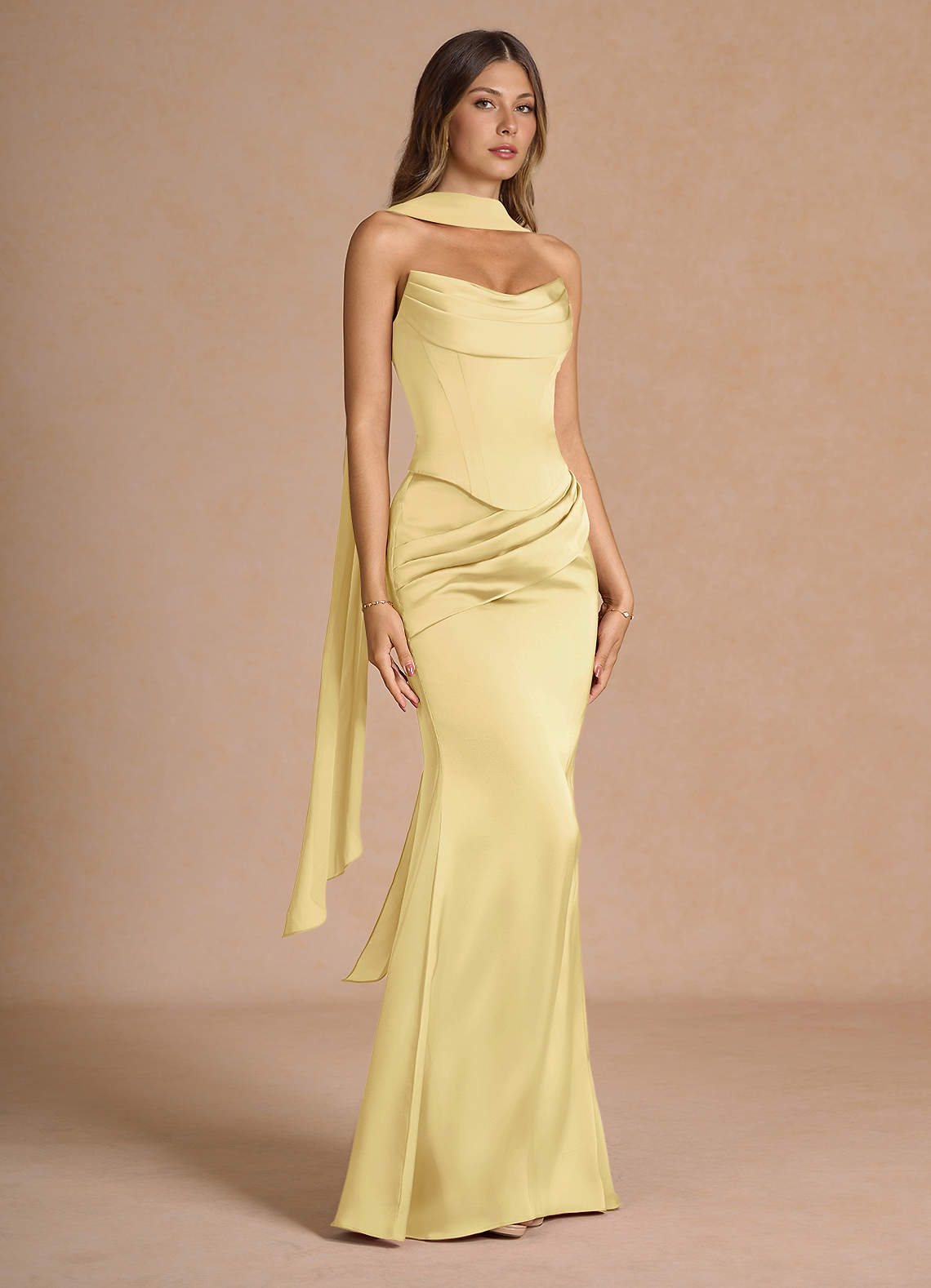 Sorrel Mermaid Corset Stretch Satin Evening Set in Lemon Sorbet