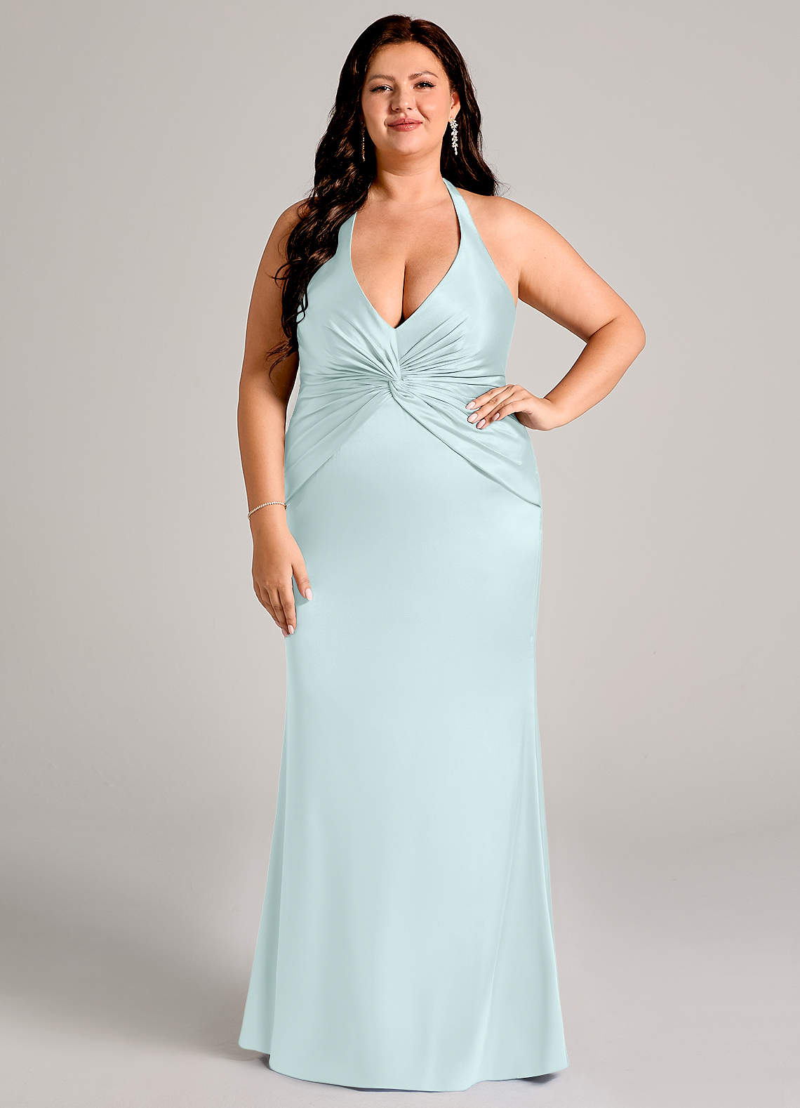 Valerie Mermaid V-Neck Stretch Satin Bridesmaid Dress in Sea Glass