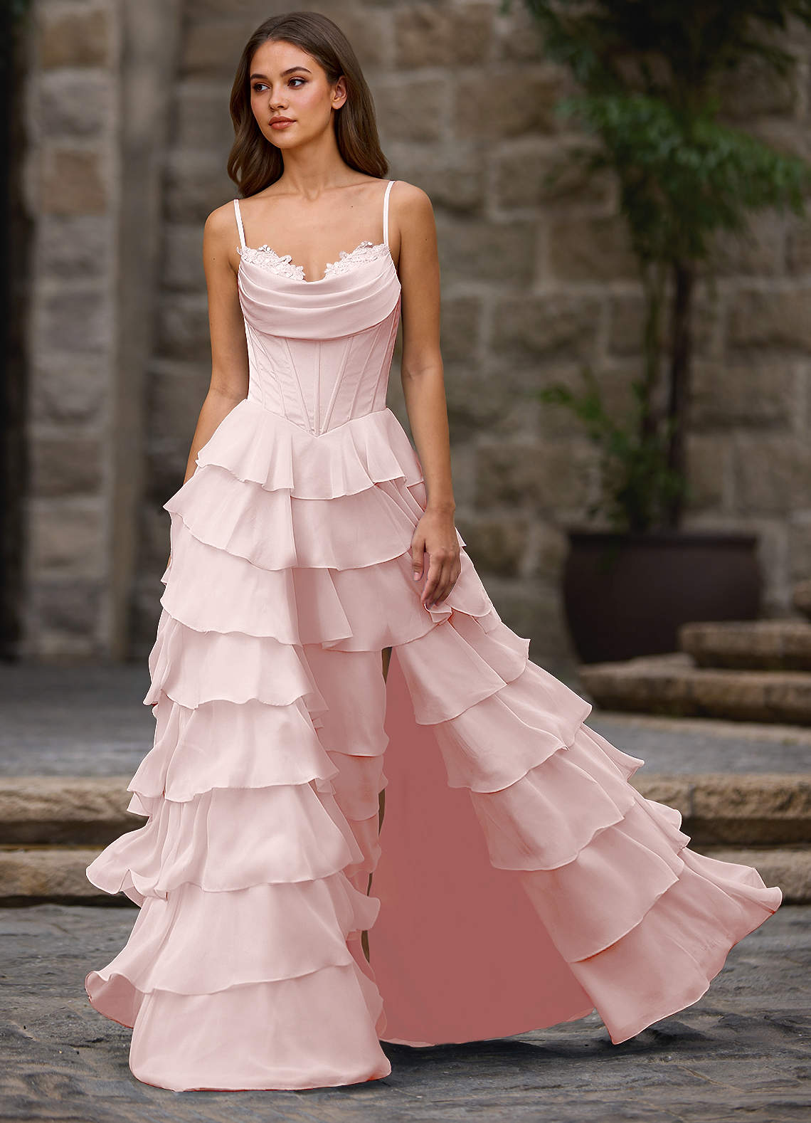 Floralace A-Line Ruffle Chiffon Evening Dress in Vanilla
