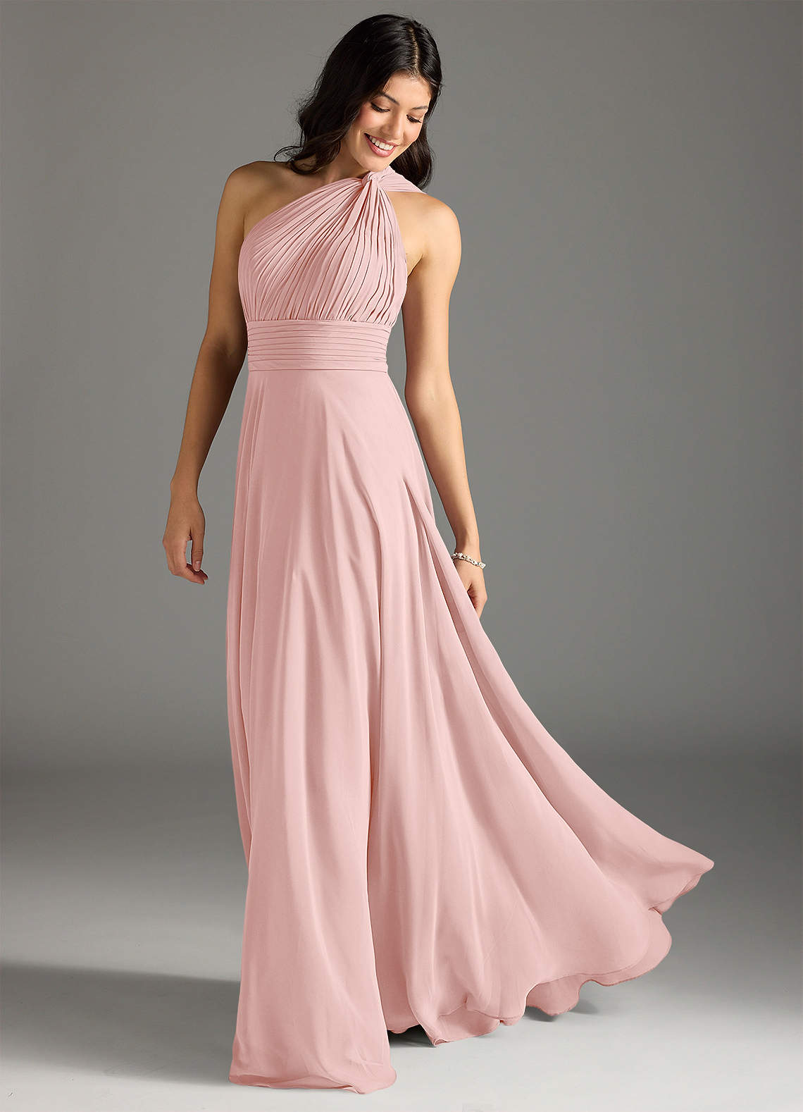 Charlize A-Line One-Shoulder Chiffon Bridesmaid Dress in Powder Pink