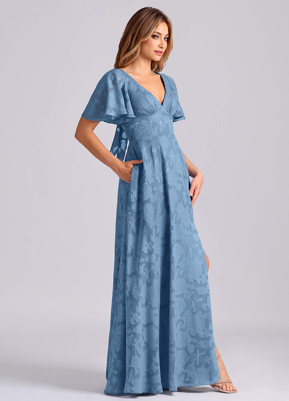 Kimber A-Line V-Neck Floral Burnout Bridesmaid Dress in Steel Blue