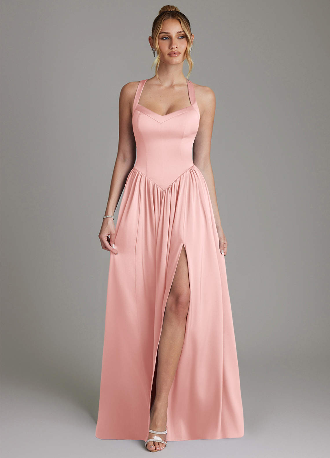 Francis A-Line V-Neck Stretch Satin Bridesmaid Dress in Powder Pink