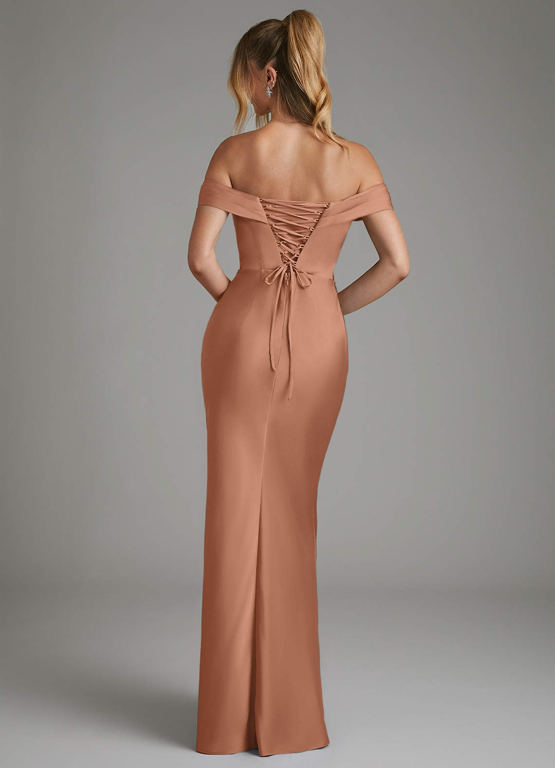 Hayden Mermaid Off-the-Shoulder Stretch Satin Bridesmaid Dress in Bronzer