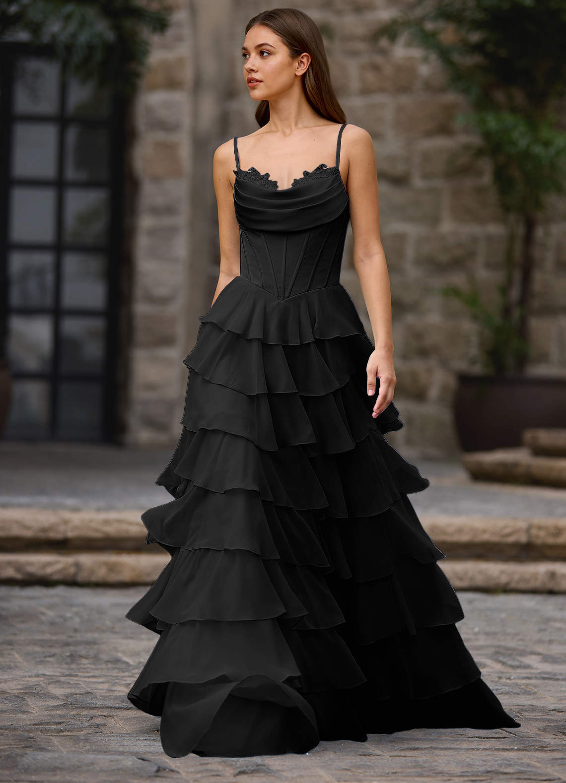 Floralace A-Line Ruffle Chiffon Evening Dress in black